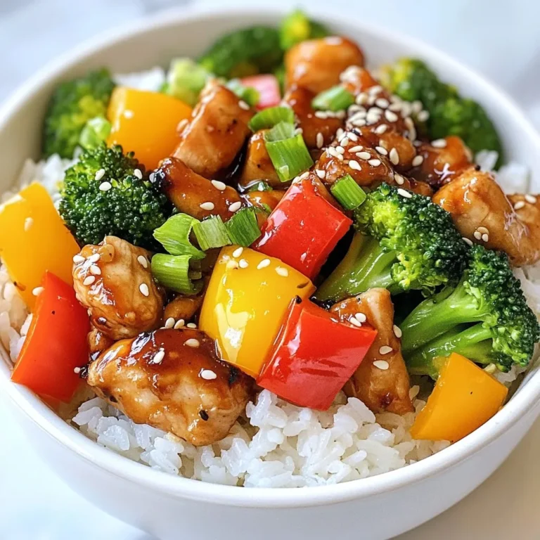 - 2 boneless, skinless chicken breasts, sliced into bite-sized pieces - 1 cup jasmine rice - 2 cups chicken broth or water - 1/4 cup low-sodium soy sauce - 2 tablespoons honey or maple syrup - 1 tablespoon rice vinegar - 2 cloves garlic, minced - 1 teaspoon fresh ginger, grated - 1 cup broccoli florets - 1 cup sliced bell peppers (red and yellow) - 2 green onions, chopped - Sesame seeds for garnish In this recipe, we focus on simple, fresh ingredients. The chicken gives protein, while jasmine rice is soft and fluffy. The sauce combines sweet and savory notes. You can use low-sodium soy sauce to cut down on salt. I love using fresh garlic and ginger. They add so much flavor! The broccoli and bell peppers give crunch and color. Plus, they are healthy choices. For garnish, green onions add a fresh taste, and sesame seeds provide a nice crunch. You can change some ingredients if you want. Use brown rice for more fiber or swap chicken for tofu. These bowls make a filling meal packed with flavor! {{ingredient_image_1}} To start, rinse the jasmine rice under cold water. Keep rinsing until the water runs clear. This step removes excess starch and helps the rice cook perfectly. Next, combine the rinsed rice and chicken broth in a medium pot. Bring it to a boil over high heat. After it boils, reduce the heat to low and cover the pot. Let it simmer for about 15 minutes. The rice will absorb the broth and become tender. After 15 minutes, remove the pot from heat but keep it covered. Let it sit for another 5 minutes. Finally, fluff the rice with a fork to make it light and airy. Now, let’s make the teriyaki sauce. In a small bowl, whisk together the soy sauce, honey or maple syrup, rice vinegar, minced garlic, and grated ginger. Mix it well until all the ingredients blend smoothly. This sauce gives the dish its sweet and savory flavor. Set the sauce aside for now. It will add a burst of goodness to your chicken and veggies later. Next, heat a large skillet or wok over medium-high heat. Add the sesame oil to the hot skillet. Once the oil is hot, add the sliced chicken. Season it with salt and pepper. Sauté the chicken for about 5 to 7 minutes. Cook it until the pieces are browned and fully cooked through. After the chicken is ready, add the broccoli florets and sliced bell peppers to the skillet. Stir-fry them together for about 3 to 5 minutes. You want the vegetables to be tender but still have some crunch. Now, pour the prepared teriyaki sauce over the chicken and vegetables. Stir everything to coat it evenly in the sauce. Let the mixture simmer for 2 to 3 minutes. This will heat everything through and slightly thicken the sauce, making it delicious! To make fluffier jasmine rice, rinse the rice well. This removes extra starch. Use cold water until it runs clear. Cook the rice with chicken broth for more flavor. You can use water if you prefer. If jasmine rice is not available, try basmati or long-grain rice. They work well too. You can adjust the sweetness in the sauce. If you like it sweeter, add more honey or maple syrup. For a stronger flavor, increase the garlic or ginger. These add a nice kick to the dish. Experiment to find what you like best. When sautéing chicken, cut it into small pieces for quick cooking. Heat your skillet or wok well before adding chicken. This helps brown the meat nicely. A wok is great for stir-frying. It heats quickly and helps food cook evenly. A skillet works too, especially if you don’t have a wok. Pro Tips Marinate for More Flavor: For an even richer flavor, marinate the chicken in the teriyaki sauce for at least 30 minutes before cooking. Use Fresh Vegetables: Fresh vegetables not only enhance the flavor but also add vibrant colors and nutrients to your dish. Cook Rice Perfectly: Rinsing the rice removes excess starch, resulting in fluffier grains and preventing clumping. Customize Your Bowl: Feel free to add other vegetables like snap peas or carrots, or top with avocado for creaminess! {{image_2}} You can easily swap chicken for tofu. Tofu absorbs flavors well and is a great option for vegetarians. Just cube the tofu and sauté it until golden. It adds a nice texture to your rice bowl. If you want to use shrimp, that works too! Cook the shrimp for 3-4 minutes until they turn pink. Shrimp pairs perfectly with teriyaki sauce. You can even use beef, sliced thin. Cook it until it’s brown and tender. Feel free to add more veggies to your bowl. Carrots, snap peas, or zucchini work well. They add crunch and color. You can also use seasonal veggies, like asparagus in spring or squash in fall. Mixing colorful vegetables makes the dish more appealing. Want a spicy kick? You can add sriracha or red pepper flakes to the teriyaki sauce. This gives it a nice heat that balances the sweetness. If you need a gluten-free option, use tamari instead of soy sauce. It has a similar flavor and works well in this dish. You can also check if your honey or syrup is gluten-free. To store your teriyaki chicken rice bowls, let them cool down first. Use airtight containers. This keeps the food fresh and tasty. Place the bowls in the fridge. They will last for about 3 to 4 days. Just remember to seal them well to avoid drying out. If you want to save some for later, freezing is a good option. Pack the chicken and rice in separate containers. This helps keep the rice from getting mushy. When you freeze them, make sure to use freezer-safe bags or containers. They can stay good for up to 3 months. When you’re ready to eat, thaw the containers in the fridge overnight. For the best taste, reheat your teriyaki chicken rice in a microwave or on the stove. If using a microwave, cover the bowl with a damp paper towel. This keeps moisture in. If you use the stove, add a little water to the pan. Heat on low, stirring often. To avoid sogginess, don’t reheat the rice with too much liquid. Keep it simple, and enjoy your delicious meal again! Teriyaki comes from Japan. The word "teriyaki" means "glossy grill." It started in the 17th century. Chefs grilled fish and meat with a sweet sauce. This method became popular in homes and restaurants. Today, teriyaki chicken is loved worldwide. It blends soy sauce, sugar, and mirin for a sweet taste. Many chefs now make their own versions, making it a global favorite. Yes, you can prepare teriyaki chicken rice bowls ahead of time. Cook the chicken and veggies first. Store them in airtight containers. Keep rice separate to avoid sogginess. You can also make the teriyaki sauce in advance. This way, you save time on busy days. Just reheat everything when you are ready to eat. This method keeps your meal fresh and tasty. You can serve many sides with teriyaki chicken rice bowls. Here are some great ideas: - Steamed edamame for a light snack - Cucumber salad for crunch - Miso soup for warmth - Pickled vegetables for a tangy touch - A side of fruit, like pineapple or mango These options balance the flavors and add variety. Enjoy mixing and matching! In this blog post, we explored how to make a delicious Teriyaki chicken rice bowl. We covered the key ingredients, including boneless chicken, jasmine rice, and a tasty sauce. I shared tips for perfecting your rice, enhancing flavors, and various protein options. You learned how to store and reheat your meals properly. Teriyaki chicken rice bowls are simple, versatile, and perfect for meal prep. Now, you have all the tools to create this dish. Enjoy making it your own and sharing it with others!