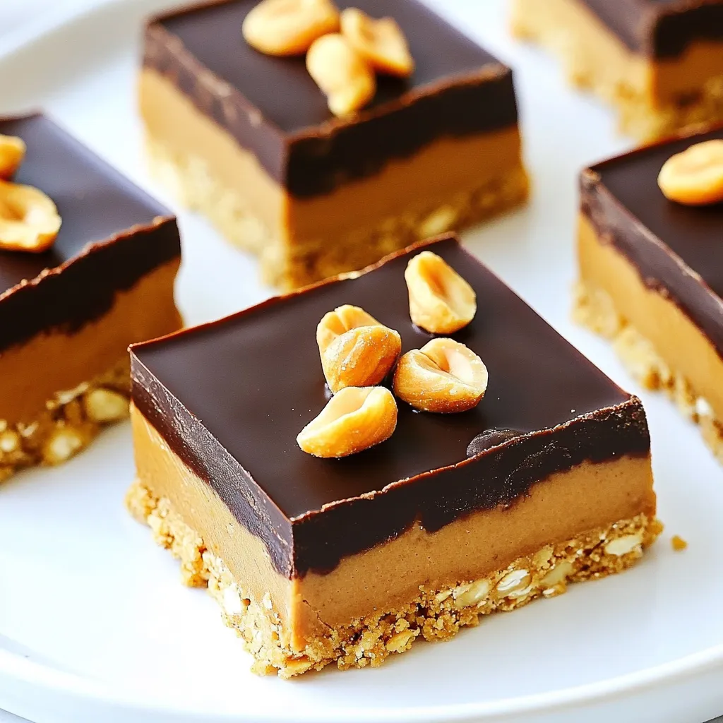 To make no bake peanut butter bars, you need a few key items: - 1 cup natural peanut butter - 1/2 cup honey or maple syrup - 1 teaspoon vanilla extract - 2 cups rolled oats - 1/2 cup protein powder (vanilla flavor recommended) - 1/4 cup dark chocolate chips (or dairy-free if you prefer) - 1/4 cup chopped nuts (optional, such as almonds or walnuts) - Pinch of salt These ingredients make a tasty and healthy treat. Each item plays an important role. The peanut butter gives the bars a rich flavor and creamy texture. Honey or maple syrup adds sweetness and helps bind everything together. The oats provide fiber and bulk. You can mix things up with some optional ingredients: - Dried fruit (like cranberries or raisins) for extra sweetness - Coconut flakes for a tropical twist - Different nut butters, like almond or cashew These options let you personalize your bars. You can create your own unique taste with just a few changes. If you don't have all the ingredients, you can use these substitutions: - Use agave syrup instead of honey or maple syrup. - Swap protein powder for ground flaxseed or chia seeds. - Replace rolled oats with quick oats or crushed graham crackers. These swaps help you make the recipe work with what you have at home. It keeps the fun alive in your kitchen! {{ingredient_image_1}} First, grab a medium saucepan. Add 1 cup of natural peanut butter, 1/2 cup of honey or maple syrup, and 1 teaspoon of vanilla extract. Place the saucepan over low heat. Stir the mix until it is smooth. This step blends the flavors well and makes it easy to combine later. Once smooth, take it off the heat. Now, take a large mixing bowl. In this bowl, combine 2 cups of rolled oats, 1/2 cup of protein powder, and a pinch of salt. Make sure to mix these dry ingredients evenly. This ensures every bite has a good balance of taste and texture. Next, pour the warm peanut butter mixture into the bowl with the dry ingredients. Mix it well until everything is coated. If you want to add some fun, fold in 1/4 cup of dark chocolate chips and 1/4 cup of chopped nuts. Now, line an 8x8 inch square baking dish with parchment paper. Leave some overhang for easy removal. Transfer the peanut butter mix into this dish. Press down firmly with a spatula or your hands to create a flat layer. Finally, place the dish in the refrigerator. Let it chill for 1 to 2 hours. This helps the bars set up nicely. Once set, lift the bars out using the parchment overhang. Cut them into squares or rectangles. Enjoy your delicious no-bake peanut butter bars! To get the best texture, use natural peanut butter. This type is smooth and rich. Avoid brands with added sugar or oils. They can make your bars too soft. When you mix the warm peanut butter, honey, and vanilla, stir until smooth. This step helps blend the flavors well. Press the mixture firmly into your dish. This helps the bars hold together. If they feel too crumbly, add a bit more honey. If they’re too sticky, add more oats. For a tasty twist, serve the bars chilled. A drizzle of melted dark chocolate adds a nice touch. You can also sprinkle chopped nuts on top. This adds a crunchy contrast. Serve them on a wooden platter for a rustic look. Pair the bars with fresh fruit, like bananas or apples. This balance of flavors makes every bite more enjoyable. You can even add yogurt on the side for a creamy dip. One common mistake is not measuring ingredients accurately. Use a dry measuring cup for oats and peanut butter. Too much or too little can change the texture. Another mistake is skipping the chilling time. The bars need this time to set properly. If you cut them too soon, they may fall apart. Lastly, don’t forget to line your dish with parchment paper. This step makes it easy to lift the bars out. Enjoy your no-bake peanut butter bars! Pro Tips Use Room Temperature Ingredients: Bringing your peanut butter to room temperature makes it easier to mix with the other ingredients, resulting in a smoother final texture. Customize Your Sweetener: Experiment with different sweeteners like agave syrup or coconut nectar to add a unique flavor to your bars while keeping them healthy. Chill for Optimal Texture: Allowing the bars to chill for the full 2 hours ensures they firm up properly, making them easier to cut and handle. Store Properly: Keep these bars in an airtight container in the fridge to maintain freshness and prevent them from becoming too soft. {{image_2}} You can change the flavor of your bars easily. Try adding cocoa powder for a rich chocolate taste. Just mix in 1/4 cup of unsweetened cocoa with the dry ingredients. You can also mix different nut butters. Almond butter or cashew butter works well. This adds a unique twist to the classic peanut flavor. Making these bars vegan is simple. Use maple syrup instead of honey. You can also choose dairy-free chocolate chips. For gluten-free bars, make sure to use certified gluten-free oats. This way, you can enjoy a safe treat. You don’t have to miss out because of dietary needs! You can boost the nutrition of your bars with easy add-ins. Consider adding chia seeds or flaxseeds. Just 1/4 cup of either will give you extra fiber and omega-3s. Dried fruits like cranberries or raisins add sweetness and chewiness. You can also mix in some shredded coconut for a tropical flavor. These little changes make your bars even healthier! To keep your no bake peanut butter bars fresh, store them in an airtight container. Use parchment paper to separate layers if you stack them. This prevents sticking and keeps the texture nice. Place the container in the fridge to maintain firmness. Avoid leaving the bars out at room temperature for too long, as they can become too soft. These bars last about one week in the fridge. If you want to keep them longer, you can freeze them. Wrap each bar in plastic wrap or foil. Then, place them in a freezer-safe bag. They can stay frozen for up to three months. Just remember to label your bag with the date! If your bars get too hard in the fridge, let them sit at room temperature for a few minutes. This will soften them a bit. You can also microwave them for about 10 seconds if you prefer a warmer treat. Just be careful not to overheat them. Enjoy your delicious bars, even after storing! Yes, you can make these bars without protein powder. Just leave it out. Your bars will still taste great. The oats and peanut butter provide enough protein. You can add an extra half cup of oats to keep the texture. This will help the bars stay firm and chewy. You can use maple syrup instead of honey. Maple syrup adds a sweet taste. You can also try agave nectar or brown rice syrup. All these options work well. Just keep the same amount as the honey called for in the recipe. This change makes the bars vegan-friendly if that’s what you need. If you don’t have rolled oats, quick oats work too. They will give you a similar texture. You could also use crushed graham crackers for a sweeter taste. If you want to avoid grains, try using ground nuts or seeds. These swaps will change the taste, but they can still be delicious. This blog post covered all you need to make tasty bars. We reviewed required ingredients, steps to prepare, and tips for the best results. You learned about fun variations to customize your bars for any taste. We also shared storage methods to keep them fresh. Now it's time to enjoy your delicious bars. Use these tips to create your own tasty snacks. Happy cooking!