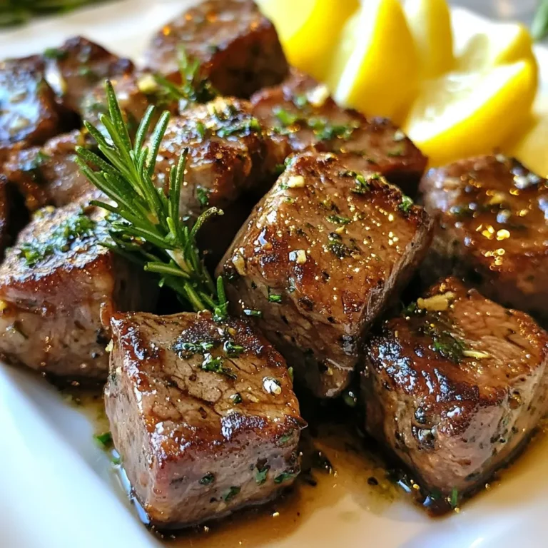 To make garlic herb butter steak bites, gather these items: - 1 pound sirloin steak, cut into 1-inch cubes - 4 tablespoons unsalted butter, divided - 4 cloves garlic, minced - 1 tablespoon fresh rosemary, finely chopped - 1 tablespoon fresh thyme, finely chopped - Salt and pepper to taste - 1 tablespoon olive oil - Lemon wedges for serving If you want to switch things up, consider these options: - Use ribeye or tenderloin for a richer flavor. - Swap fresh herbs with dried ones, but use less. - Try garlic powder if you don't have fresh garlic. - Use grass-fed butter for a creamier taste. Choosing the right steak is key for great bites. Here are my tips: - Look for bright red color with good marbling. The fat adds flavor. - Choose USDA Choice or Prime grades for tenderness. - Ask your butcher for recommendations on cuts. - Make sure the steak feels firm and cool to the touch. These tips help you find the best steak for your meal. A good steak leads to tasty bites! {{ingredient_image_1}} Start by cutting your sirloin steak into 1-inch cubes. This size helps them cook evenly. Next, season all sides of the steak with salt and pepper. Use enough to enhance the rich flavor of the meat. Let the seasoned steak sit for a few minutes. This allows the flavors to soak in. Heat a large skillet over medium-high heat. Add olive oil and let it shimmer. This means it's hot enough. Place the steak bites in the skillet in a single layer. Do not overcrowd them; this helps them brown nicely. Cook for about 3-4 minutes on each side. For medium-rare, that’s perfect. If you want them more done, cook longer. Once cooked, remove the steak bites from the skillet and set them aside. Lower the heat to medium. In the same skillet, add 2 tablespoons of butter. Watch it melt and foam; that’s a good sign. Then, add minced garlic, rosemary, and thyme. Stir frequently for 1-2 minutes until the garlic smells great. Return the steak bites to the skillet. Toss them in the garlic herb butter until they are well coated. This step gives them that tasty finish. If you want a glossy look, add the remaining butter and toss again. Check the seasoning and adjust if needed. Serve right away with fresh herbs and lemon wedges. Squeezing lemon over the steak bites adds a bright touch. To cook steak bites just right, use sirloin steak. Cut it into 1-inch cubes. This size cooks fast and stays juicy. Season the steak with salt and pepper on all sides. Heat olive oil in a skillet over medium-high heat. When it shimmers, add the steak in a single layer. Don’t crowd the pan. Cook for 3-4 minutes on each side for medium-rare. If you want it more done, cook longer. Remove them and let them rest for a bit. This keeps them tender. Garlic and herbs are key to great flavor. Use fresh garlic, rosemary, and thyme for the best taste. After cooking the steak, reduce the heat and add butter. Let it melt, then stir in the garlic, rosemary, and thyme. Cook for 1-2 minutes until fragrant. This makes a rich garlic herb butter sauce. Toss the steak bites in this sauce for a burst of flavor. You can adjust the salt and pepper to your taste. Serving is just as important as cooking. Use a nice plate to make it look great. Arrange the steak bites in a single layer. Add fresh herbs on top for color. Squeeze lemon wedges over the steak bites before serving. This adds a bright flavor and looks appealing. Serve with a side of veggies or a salad for balance. Enjoy the meal with family or friends! Pro Tips Rest the Steak: Allow the steak bites to rest for a few minutes after cooking. This helps the juices redistribute, making the meat more tender and flavorful. Use High-Quality Butter: Opt for high-quality unsalted butter for a richer flavor. It enhances the garlic and herbs without overpowering the dish. Customize the Herbs: Feel free to experiment with different herbs like parsley or oregano to suit your taste preferences and add a unique twist to the dish. Serve Immediately: For the best experience, serve the steak bites hot and fresh from the skillet. This ensures they are juicy and flavorful. {{image_2}} You can use various cuts for steak bites. Sirloin is great for its rich flavor. However, you might also try filet mignon for a tender bite. Ribeye offers a nice marbled fat, which adds taste. Chuck steak is another choice, often more affordable and still tasty. Each cut brings its own texture and flavor. Choose what fits your taste and budget. Steak bites are versatile. You can add vegetables to your dish for more color and nutrition. Bell peppers, mushrooms, or zucchini work well. Just chop them into bite-sized pieces. Sauté them in the same skillet after cooking the steak. This adds a nice crunch and flavor. You might even add cooked potatoes or rice for a heartier meal. The herb blend is key to great flavor. While rosemary and thyme are classic choices, feel free to mix it up. Oregano, parsley, or even basil can add a fresh twist. You can also try adding a pinch of red pepper flakes for some heat. Adjust the herbs based on what you enjoy. Experimenting with flavors makes the dish unique to you. To store leftover Garlic Herb Butter Steak Bites, let them cool first. Place them in an airtight container. You can keep them in the fridge for up to three days. Make sure to label the container with the date. This helps you remember when you cooked them. When you are ready to eat your leftovers, reheating is easy. Use a skillet for the best results. Heat the skillet on medium-low heat. Add a little butter or oil to help keep the steak moist. Cook for about 3-4 minutes, stirring gently. You want to heat them through without overcooking. If you want to save them longer, you can freeze the steak bites. Place the cooled steak in a freezer bag. Remove as much air as you can to prevent freezer burn. They can last in the freezer for up to three months. When you're ready to eat, thaw them in the fridge overnight before reheating. You can enjoy Garlic Herb Butter Steak Bites with many sides. I love serving them with crispy roasted potatoes. A fresh green salad pairs well too. Garlic bread adds a nice touch. You can also try steamed vegetables for a healthy side. Lemon wedges brighten the dish and add zing. Feel free to mix and match your favorite sides. To check if your steak bites are done, use a meat thermometer. For medium-rare, aim for 130°F (54°C). For medium, look for 145°F (63°C). Another way is to cut a piece open. The inside should be warm and slightly pink. Cooking time is usually 3-4 minutes per side. If you prefer them well-done, cook longer. You can prepare some parts of the recipe ahead of time. Season the steak cubes and store them in the fridge. You can also mix the garlic herb butter and keep it ready. Just remember, cooking the steak bites is best done fresh. The texture stays tender and juicy this way. If you have leftovers, they can be reheated easily. We explored the essential ingredients and steps to make tasty garlic herb butter steak bites. I shared tips on cooking techniques, variations, and how to store leftovers. Remember, choosing good quality steak is key to great taste. Whether you use different cuts or add veggies, make these bites your own. Enjoy experimenting in the kitchen, and happy cooking!