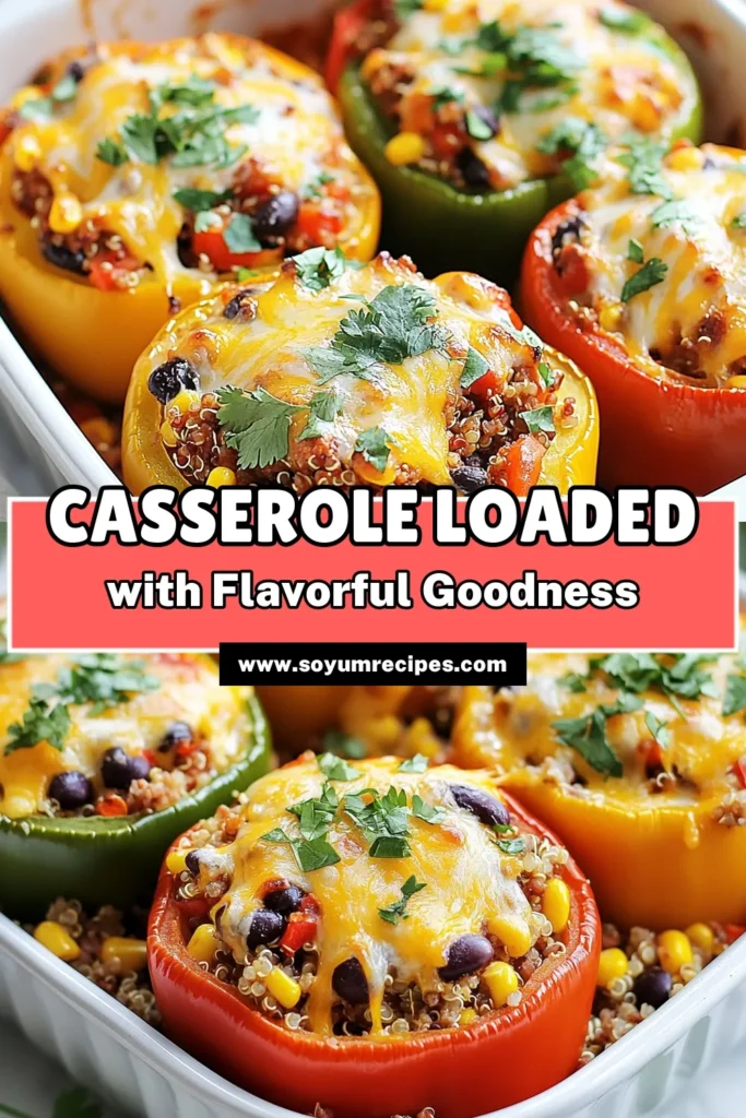 Looking for a comforting and delicious meal? Try this stuffed bell pepper casserole! This ground turkey casserole recipe features quinoa stuffed peppers, black beans, and cheesy goodness in every bite. Packed with flavor and nutrition, it’s one of the easiest bell pepper recipes you'll ever make. Perfect for weeknight dinners! Don’t miss out—save this cheesy bell pepper dish for later and impress your family. #StuffedBellPeppers #GroundTurkeyCasserole #EasyRecipes #CheesyCasserole