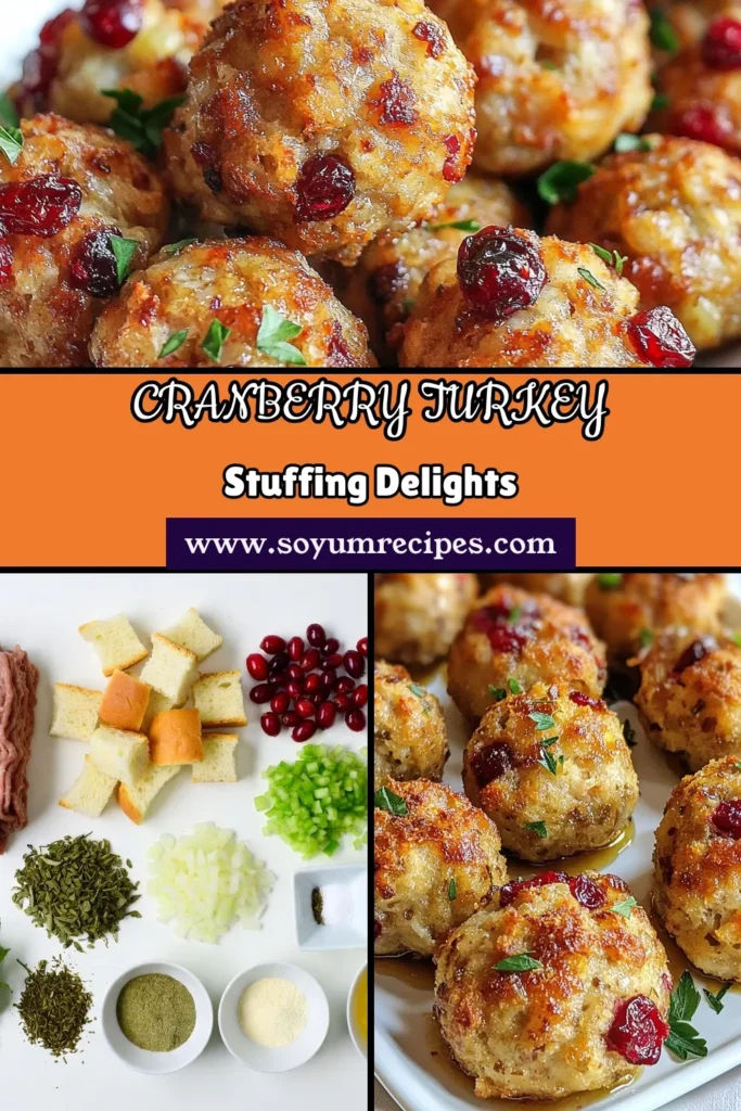 Elevate your Thanksgiving spread with these delicious Cranberry Turkey Stuffing Balls! These healthy stuffing balls combine ground turkey, cranberries, and savory herbs for a satisfying addition to your holiday side dishes. Perfect for those searching for tasty ground turkey recipes, this dish is sure to impress your guests. Try these flavorful stuffing balls today and make your Thanksgiving turkey recipes even more memorable! Save for later! #ThanksgivingRecipes #HealthyRecipes #HolidayCooking #TurkeyStuffingBalls