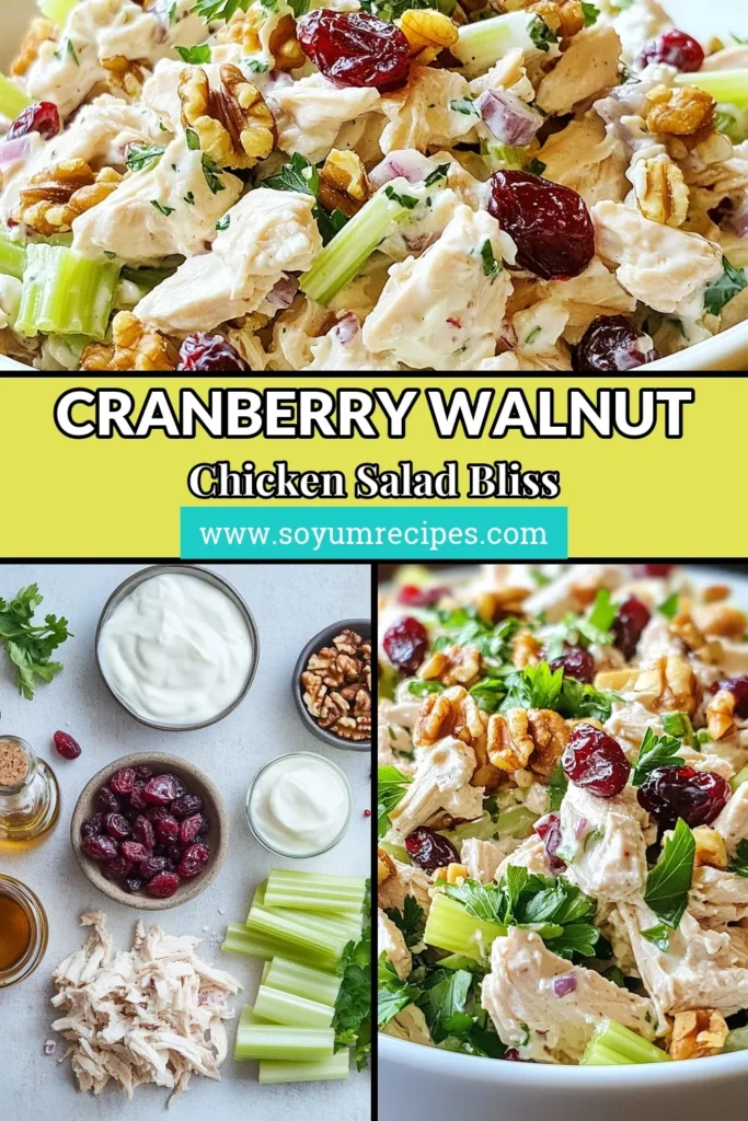 Indulge in this delicious Cranberry Walnut Chicken Salad! This healthy chicken salad recipe combines tender shredded chicken, crunchy walnuts, and tart dried cranberries, all blended with creamy Greek yogurt for a nutritious twist. Perfect as an easy chicken salad with nuts, it’s a must-try! Discover the perfect Dried Cranberry Salad Recipe for any meal. Save this recipe and enjoy a tasty, healthy dish today! #ChickenSalad #HealthyRecipes #CranberryWalnut #SaladIdeas