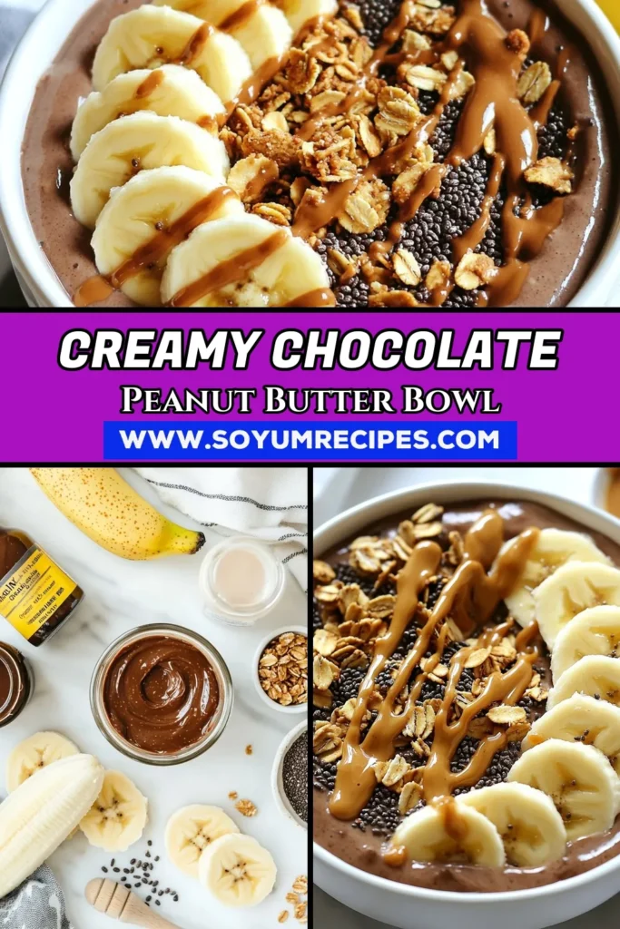 Discover the ultimate Chocolate Peanut Butter Smoothie Bowl, a delicious and healthy smoothie bowl recipe that's vegan and incredibly easy to make. This banana peanut butter bowl is perfect for breakfast or a snack, packed with flavor and nutrients. Enjoy a creamy blend of frozen banana, almond milk, and natural peanut butter topped with granola and fresh banana slices. Try this delightful smoothie bowl today! Don't forget to save for later! #SmoothieBowl #VeganRecipes #HealthyEating #EasyRecipes
