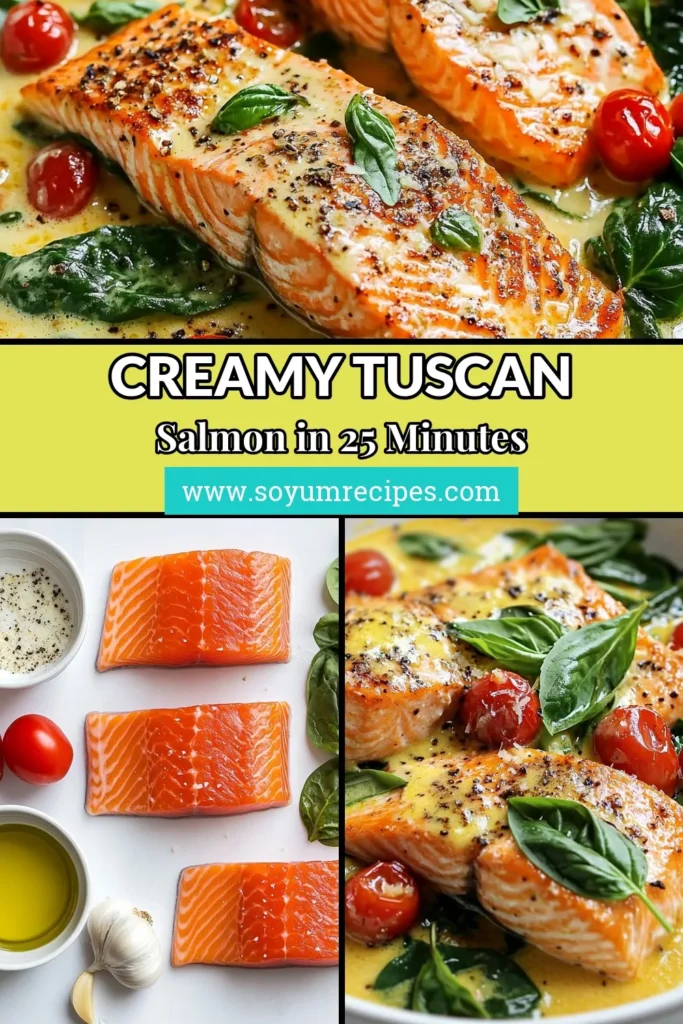 Indulge in this Creamy Tuscan Salmon Skillet, an easy salmon dinner that's bursting with Italian flavors! This salmon skillet recipe features succulent salmon fillets sautéed with garlic, cherry tomatoes, and creamy spinach. Perfect for a weeknight meal, this creamy salmon with spinach is sure to impress! Try it today and savor a delightful Italian salmon dish. Don't forget to save this recipe for later! #CreamyTuscanSalmon #SalmonSkilletRecipe #EasySalmonDinner #ItalianCuisine