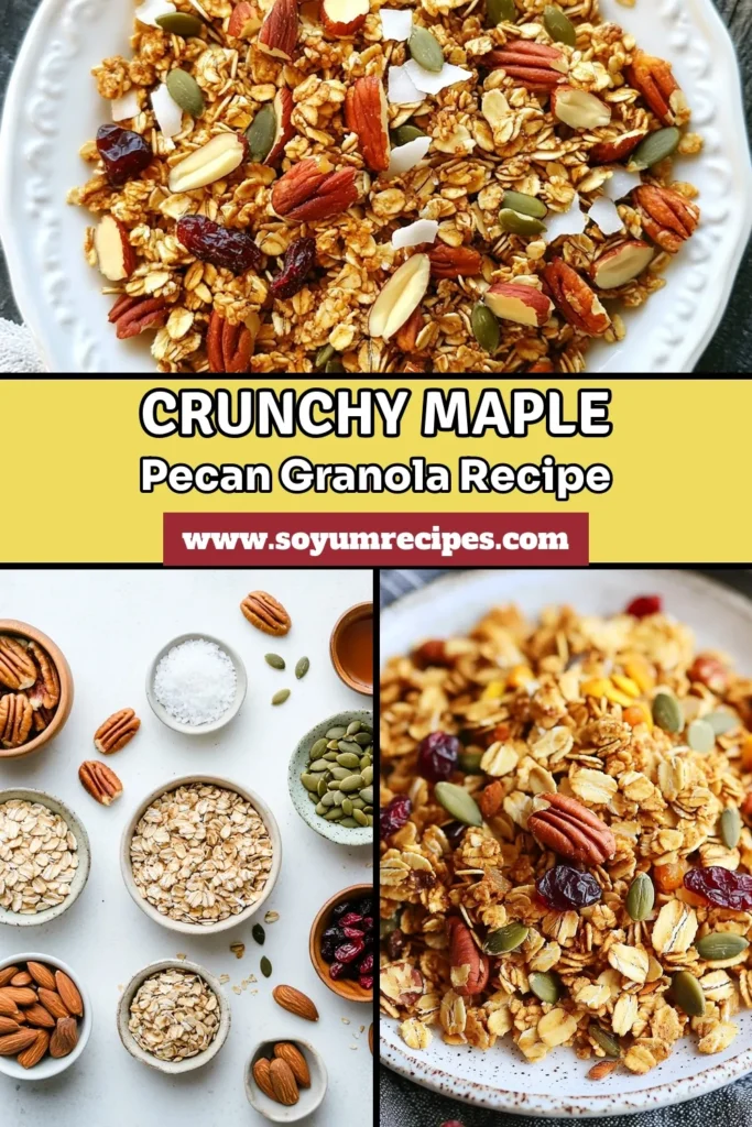 Looking for a delicious and healthy breakfast option? Try this Maple Pecan Granola recipe! This homemade granola with pecans delivers crunchy granola clusters that are perfect for snacking or topping yogurt. It's a gluten-free granola recipe easy to make and full of wholesome ingredients. Enjoy this healthy breakfast granola today – your mornings will never be the same! Save this recipe for later! #GranolaRecipe #HealthyBreakfast #GlutenFree #MaplePecanGranola