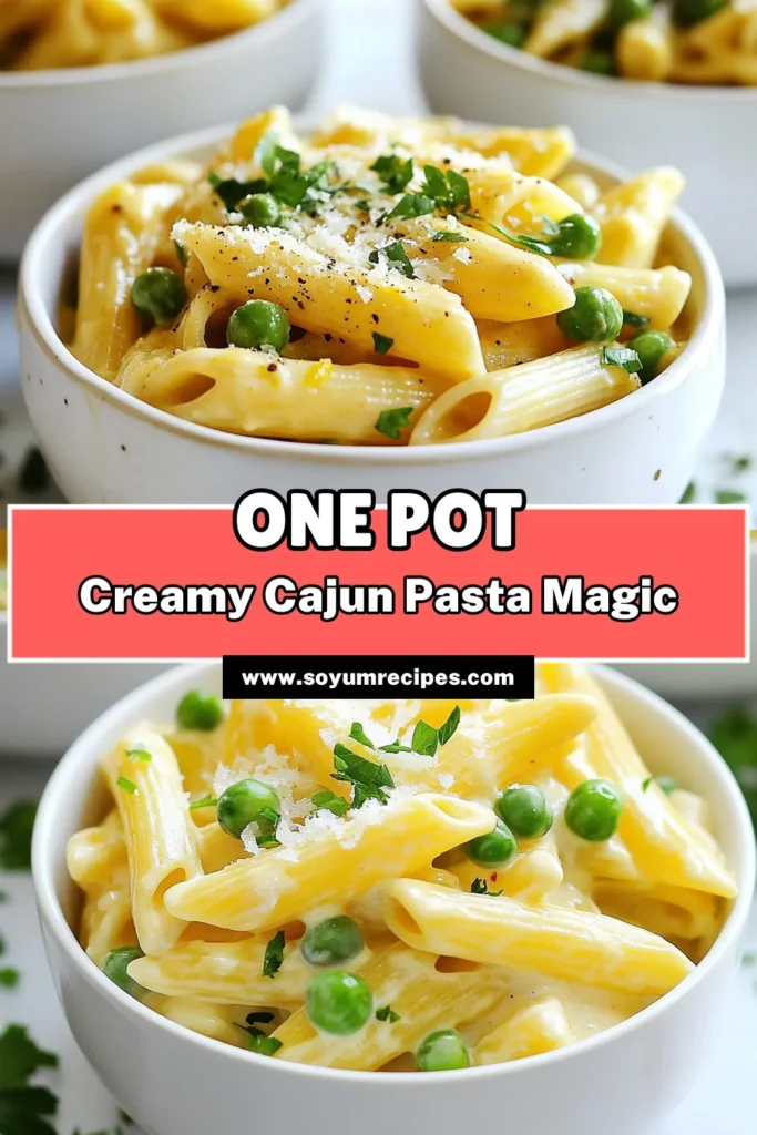 Savor the flavors of this One Pot Cajun Pasta that’s as easy as it is delicious! This Creamy Cajun Pasta Recipe combines penne pasta, flavorful Cajun seasoning, and sweet peas for a quick creamy pasta dinner ready in just 30 minutes. Perfect for busy nights, this Easy One Pot Pasta will become a family favorite. Don't miss out—try this quick creamy pasta dinner tonight! #CajunPasta #OnePotPasta #CreamyPastaRecipes #QuickDinnerIdeas