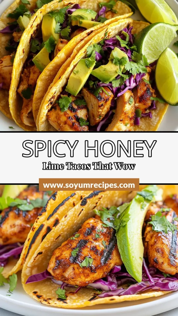 Get ready to spice up taco night with these delicious Spicy Honey Lime Chicken Tacos! This easy chicken taco recipe features juicy grilled chicken thighs marinated in a zesty honey-lime blend, perfect for a healthy taco night idea. Whip up these flavorful tacos in under an hour for a meal everyone will love. Save and share this recipe for your next taco night! #SpicyHoneyLimeChickenTacos #HealthyTacoRecipes #GrilledChickenTacos #TacoNightIdeas