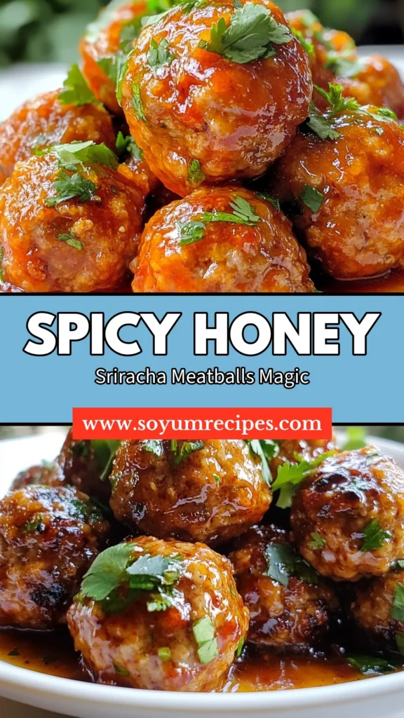 Discover the ultimate spicy honey meatballs that will elevate your next gathering! This Sriracha meatballs recipe combines savory flavors with a kick, making it an easy meatball appetizer everyone will love. Baked meatballs with honey and a zesty sauce deliver mouthwatering deliciousness. Perfect for game day or parties! Save this recipe for your next culinary adventure! #SpicyHoneyMeatballs #SrirachaMeatballs #EasyAppetizer #BakedMeatballs