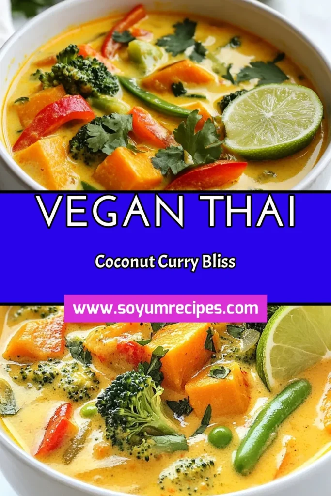 Looking to warm up with a delicious Vegan Thai Coconut Curry Soup? This easy vegan curry recipe features creamy coconut milk and is packed with healthy vegetables like sweet potatoes, broccoli, and snap peas. Perfect for a cozy dinner, this coconut milk soup recipe brings vibrant Thai flavors right to your kitchen. Ready to indulge? Save this healthy vegetable curry soup for your next meal! #VeganThaiCurry #CoconutMilkSoup #HealthyRecipes #VeganCurry