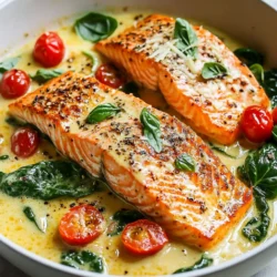 To make this creamy Tuscan salmon skillet, gather these items: - 4 salmon fillets (about 6 oz each) - 2 tablespoons olive oil - 3 cloves garlic, minced - 1 cup cherry tomatoes, halved - 1 cup baby spinach - 1 cup heavy cream (or coconut milk for a lighter version) - 1/2 cup grated Parmesan cheese - 1 teaspoon dried Italian herbs (oregano, basil, thyme) - Salt and pepper to taste - Fresh basil leaves for garnish For a lighter twist, you can swap heavy cream for coconut milk. This change lowers the fat while keeping the dish creamy. You can also use skinless salmon fillets to cut down on calories. If you want more veggies, try adding zucchini or bell peppers for extra flavor and nutrition. To make your dish pop, top it with fresh basil leaves. They add a nice color and fresh taste. You could also sprinkle more Parmesan cheese for a richer flavor. Pairing with garlic bread or serving over pasta makes a great meal too. Enjoy your beautiful meal! {{ingredient_image_1}} Start by heating two tablespoons of olive oil in a large skillet over medium-high heat. While the oil warms, season the four salmon fillets with salt and pepper. Once the oil shimmers, add the fillets skin-side down. Sear them for about four to five minutes until they turn golden brown. Flip the fillets and cook for another four to five minutes until fully cooked. Remove the salmon from the skillet and set it aside on a plate. In the same skillet, add three minced garlic cloves. Sauté the garlic for about 30 seconds until it smells great. Next, toss in one cup of halved cherry tomatoes. Cook the tomatoes for three to four minutes until they start to soften. Pour in one cup of heavy cream, stirring well. Bring the mix to a gentle simmer. Add in half a cup of grated Parmesan cheese and one teaspoon of dried Italian herbs. Stir until the cheese melts and the sauce becomes creamy. Now it's time to bring everything together. Add one cup of baby spinach to the skillet. Stir it in until it wilts, which takes about two minutes. Return the seared salmon fillets to the skillet, placing them on top of the sauce. Spoon some of the creamy sauce over each fillet. Cook for an additional two to three minutes to heat everything through. Taste and adjust seasoning with salt and pepper as needed. Enjoy your delicious creamy Tuscan salmon! To make the best salmon, choose fresh fillets. Look for bright colors and firm texture. Season your salmon with salt and pepper before cooking. This simple step adds flavor. Heat olive oil in the skillet. Place the salmon skin-side down. Sear each side for 4-5 minutes. This gives a nice golden crust. Remove the salmon and set it aside. This keeps it tender and juicy. Herbs can transform your dish. For this recipe, use dried Italian herbs. Oregano, basil, and thyme work well together. Add them when you pour in the cream. This lets the flavors mix nicely. Fresh basil leaves are great for garnish too. They add a pop of color and taste. Don’t be shy with herbs; they boost flavor without extra calories. Serve your creamy Tuscan salmon in shallow bowls. This makes for a lovely presentation. Add fresh basil on top for a nice touch. For a complete meal, pair it with garlic bread. You can also serve it over pasta or quinoa. Both options soak up the creamy sauce well. Enjoy this dish with family or friends for a cozy dinner! Pro Tips Perfectly Cooked Salmon: To ensure your salmon is cooked perfectly, aim for an internal temperature of 145°F (63°C). The fish should flake easily with a fork. Enhance the Flavor: Add a splash of white wine or lemon juice to the sauce for an extra layer of flavor. It brightens the dish and complements the creaminess. Use Fresh Ingredients: Whenever possible, opt for fresh spinach and tomatoes. They will provide a vibrant color and superior taste compared to their canned or frozen counterparts. Make it Your Own: Feel free to customize the recipe by adding other vegetables such as bell peppers or zucchini, or even spices like red pepper flakes for a kick! {{image_2}} You can swap salmon for other fish like tilapia or cod. Both cook quickly and stay moist. If you prefer meat, try chicken breasts. Just adjust cooking time to ensure they are fully cooked. For a heartier option, use shrimp. They need only a few minutes to cook in the sauce. To make this dish vegetarian, replace the salmon with hearty vegetables. Zucchini, eggplant, or even tofu work well. Cook the veggies until tender. They will soak up the creamy sauce just like the fish. This makes a rich, tasty meal without meat. For extra flavor, add sun-dried tomatoes. They bring a sweet, tangy kick to the dish. Just chop them up and stir them in with the tomatoes. Capers are another great choice. They add a briny taste that pairs well with the cream. Both options give a unique twist to the classic recipe. To keep your creamy Tuscan salmon fresh, store it in an airtight container. Let the dish cool down before sealing it. Place it in the fridge for up to three days. If you want to enjoy it later, keep the sauce and salmon together. This helps maintain flavor and moisture. When reheating, use a skillet over low heat. This helps the salmon warm evenly without drying out. You can add a splash of cream or water to keep it creamy. Heat for about 5 minutes, stirring gently, until warmed through. Avoid high heat to prevent overcooking. If you want to freeze the dish, it's best to freeze just the salmon and sauce together. Let it cool completely, then place it in a freezer-safe container. It can last up to three months in the freezer. To enjoy it later, thaw overnight in the fridge before reheating. Yes, you can use frozen salmon. Just thaw it first. Place it in the fridge overnight or use cold water. After thawing, pat it dry. This helps to get a nice sear. Cooking times may vary slightly, so check for doneness. You can use coconut milk for a lighter version. It adds a hint of sweetness. For a low-calorie option, try using Greek yogurt. It thickens the sauce and adds creaminess. Just stir it in at the end to avoid curdling. To make this dish dairy-free, swap heavy cream for coconut milk. Use nutritional yeast instead of Parmesan cheese. It gives a cheesy flavor without dairy. You can also add a splash of lemon juice for tanginess. Salmon is done when it flakes easily with a fork. It should be opaque and have a light pink center. Use a food thermometer if you want to be precise. The internal temperature should reach 145°F (63°C). Always let it rest for a few minutes before serving. This blog post covered tasty salmon recipes, from ingredients to storage tips. You learned about choosing fresh salmon and how to make a creamy sauce. I shared ways to enhance flavor with herbs and suggested different proteins for variety. In the end, cooking salmon can be easy and fun. Enjoy trying new flavors and variations. You can make meals that impress, while still being simple and quick!