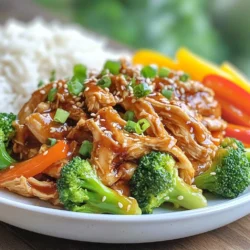 - 4 boneless, skinless chicken breasts - 1/2 cup honey - 1/4 cup soy sauce (or tamari for gluten-free) - 4 cloves garlic, minced - 1 teaspoon fresh ginger, grated - 1 tablespoon sesame oil - 1/2 teaspoon black pepper - 1 teaspoon salt - 1 cup broccoli florets - 1 cup bell peppers, sliced (any color) - 1 tablespoon cornstarch mixed with 2 tablespoons water (for thickening) - Sesame seeds and sliced green onions for garnish If you want to add more flavor, try these options: - Add a splash of rice vinegar for tang. - Use different veggies like snap peas or carrots. - Swap honey for maple syrup for a new twist. - Add crushed red pepper for heat. You can easily swap some ingredients: - Use coconut aminos instead of soy sauce for a soy-free option. - Replace chicken with tofu for a vegetarian dish. - Use garlic powder if you don’t have fresh garlic. - Omit sesame oil if you prefer a lighter flavor. These ingredients make this dish simple yet delicious. You can mix and match to fit your taste. Enjoy your cooking! {{ingredient_image_1}} Start by gathering your ingredients. You need: - 4 boneless, skinless chicken breasts - 1/2 cup honey - 1/4 cup soy sauce - 4 cloves garlic, minced - 1 teaspoon fresh ginger, grated - 1 tablespoon sesame oil - 1/2 teaspoon black pepper - 1 teaspoon salt In a bowl, mix the honey, soy sauce, garlic, ginger, sesame oil, black pepper, and salt. Whisk it well until it blends nicely. This sauce adds great flavor to the chicken. Next, place the chicken breasts in your slow cooker. Pour the honey garlic mixture over the chicken, ensuring they are well coated. Cover your slow cooker. Cook the chicken on low for 4 to 6 hours or on high for 2 to 3 hours. The cooking time may vary based on your slow cooker. I like using the low setting for the best results. The chicken becomes super tender and flavorful this way. About 30 minutes before the cooking time is up, it’s time to add some veggies. Add 1 cup of broccoli florets and 1 cup of sliced bell peppers to the slow cooker. Stir gently to combine everything. If you want a thicker sauce, mix 1 tablespoon of cornstarch with 2 tablespoons of water in a small bowl. This is your slurry. Add this to the slow cooker in the last 15 minutes. Stir it well to thicken the sauce. Check that the chicken is cooked through, reaching an internal temperature of 165°F (75°C). You can shred the chicken for easier serving. Enjoy your meal over rice or quinoa with the delicious sauce! To ensure your chicken is tender, start with fresh, high-quality chicken breasts. I recommend using boneless and skinless cuts. The slow cooker works best on low heat. Cook your chicken for 4 to 6 hours on low. This method keeps it juicy. Always check the internal temperature. It should reach 165°F or 75°C. When using a slow cooker, avoid lifting the lid too often. Each time you open it, heat escapes. This can extend cooking time. Always add liquid to help the chicken cook. The honey and soy sauce mix will keep it moist. Arrange chicken in a single layer. This ensures even cooking. Different slow cooker models may vary in cooking times. For newer models, cooking on high usually takes about 2 to 3 hours. For older models, aim for the full 4 to 6 hours on low. If your slow cooker runs hot, check the chicken sooner. Adjust times based on your specific model for the best results. Pro Tips Marinate for Extra Flavor: For an even deeper flavor, marinate the chicken in the honey garlic mixture for a few hours or overnight in the refrigerator before cooking. Use Fresh Ingredients: Fresh garlic and ginger will enhance the taste of your dish significantly compared to dried or powdered versions. Adjust Sweetness: You can adjust the amount of honey to suit your taste preference or substitute with maple syrup for a different flavor profile. Perfectly Cooked Chicken: Use a meat thermometer to ensure the chicken reaches an internal temperature of 165°F (75°C) for safe consumption. {{image_2}} To make this dish gluten-free, use tamari instead of soy sauce. Tamari tastes very similar but has no wheat. This small swap lets you enjoy the same sweet and savory flavors without worry. Always check labels on your honey and any added sauces to ensure they are gluten-free. If you're watching carbs, swap out honey for a low-carb sweetener like erythritol. You can also skip the rice or quinoa. Instead, serve the chicken over cauliflower rice or steamed zucchini noodles. These options keep your meal light and tasty, without the extra carbs. To change up the flavors, try adding different spices and herbs. A pinch of red pepper flakes adds heat. Fresh herbs like cilantro or basil can brighten the dish. You might also enjoy a squeeze of lime juice for a zesty kick. Experimenting with flavors keeps the dish exciting every time you make it! After you finish your meal, let the honey garlic chicken cool down. Place any leftovers in an airtight container. Store them in the fridge. This helps keep the chicken fresh. I like to use glass containers. They don't stain and are easy to clean. If you want to keep the chicken longer, freeze it. Use freezer-safe bags or containers. Make sure to remove as much air as possible. Label the bags with the date. When you're ready to eat, thaw it in the fridge overnight. Reheat in the microwave or on the stove. Just make sure it warms up to 165°F. Cooked honey garlic chicken lasts about three to four days in the fridge. If it's frozen, it can stay good for up to three months. Always check for any off smells or changes in texture before eating. Keeping track of how long it has been stored helps ensure your food stays safe. The best way to use leftover honey garlic chicken is to create new meals. You can mix it into fried rice or toss it in a salad for lunch. You can also shred the chicken and use it in sandwiches or wraps. This gives you a quick and tasty meal with little effort. Always store leftovers in an airtight container in the fridge. Enjoy them within three days for the best taste. Yes, you can use frozen chicken breasts in this recipe. Just keep in mind to adjust the cooking time. If using frozen chicken, cook it on high for about three to four hours. This allows the chicken to cook through properly. Make sure the internal temperature reaches 165°F (75°C) to ensure it is safe to eat. You won’t need to thaw the chicken first. To adjust the sweetness level of the sauce, you can add or reduce honey. If you want it sweeter, add more honey, one tablespoon at a time. If you prefer less sweetness, reduce the honey by one or two tablespoons. You can also add a splash of vinegar for a tangy twist. This helps balance the flavors while keeping the dish delicious. This blog post covered all aspects of making delicious honey garlic chicken. We explored key ingredients, preparation steps, and slow cooking tips. I shared variations for gluten-free and low-carb diets. Lastly, I detailed storage tips and answered key questions. Now, you are ready to enjoy tasty meals with ease. Use these insights to create your version of this dish. Happy cooking!