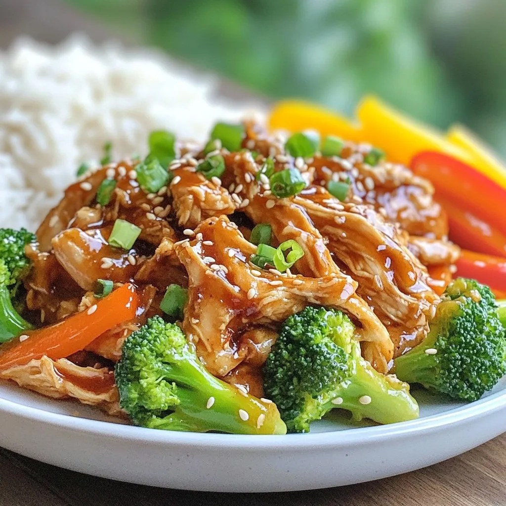 - 4 boneless, skinless chicken breasts - 1/2 cup honey - 1/4 cup soy sauce (or tamari for gluten-free) - 4 cloves garlic, minced - 1 teaspoon fresh ginger, grated - 1 tablespoon sesame oil - 1/2 teaspoon black pepper - 1 teaspoon salt - 1 cup broccoli florets - 1 cup bell peppers, sliced (any color) - 1 tablespoon cornstarch mixed with 2 tablespoons water (for thickening) - Sesame seeds and sliced green onions for garnish If you want to add more flavor, try these options: - Add a splash of rice vinegar for tang. - Use different veggies like snap peas or carrots. - Swap honey for maple syrup for a new twist. - Add crushed red pepper for heat. You can easily swap some ingredients: - Use coconut aminos instead of soy sauce for a soy-free option. - Replace chicken with tofu for a vegetarian dish. - Use garlic powder if you don’t have fresh garlic. - Omit sesame oil if you prefer a lighter flavor. These ingredients make this dish simple yet delicious. You can mix and match to fit your taste. Enjoy your cooking! {{ingredient_image_1}} Start by gathering your ingredients. You need: - 4 boneless, skinless chicken breasts - 1/2 cup honey - 1/4 cup soy sauce - 4 cloves garlic, minced - 1 teaspoon fresh ginger, grated - 1 tablespoon sesame oil - 1/2 teaspoon black pepper - 1 teaspoon salt In a bowl, mix the honey, soy sauce, garlic, ginger, sesame oil, black pepper, and salt. Whisk it well until it blends nicely. This sauce adds great flavor to the chicken. Next, place the chicken breasts in your slow cooker. Pour the honey garlic mixture over the chicken, ensuring they are well coated. Cover your slow cooker. Cook the chicken on low for 4 to 6 hours or on high for 2 to 3 hours. The cooking time may vary based on your slow cooker. I like using the low setting for the best results. The chicken becomes super tender and flavorful this way. About 30 minutes before the cooking time is up, it’s time to add some veggies. Add 1 cup of broccoli florets and 1 cup of sliced bell peppers to the slow cooker. Stir gently to combine everything. If you want a thicker sauce, mix 1 tablespoon of cornstarch with 2 tablespoons of water in a small bowl. This is your slurry. Add this to the slow cooker in the last 15 minutes. Stir it well to thicken the sauce. Check that the chicken is cooked through, reaching an internal temperature of 165°F (75°C). You can shred the chicken for easier serving. Enjoy your meal over rice or quinoa with the delicious sauce! To ensure your chicken is tender, start with fresh, high-quality chicken breasts. I recommend using boneless and skinless cuts. The slow cooker works best on low heat. Cook your chicken for 4 to 6 hours on low. This method keeps it juicy. Always check the internal temperature. It should reach 165°F or 75°C. When using a slow cooker, avoid lifting the lid too often. Each time you open it, heat escapes. This can extend cooking time. Always add liquid to help the chicken cook. The honey and soy sauce mix will keep it moist. Arrange chicken in a single layer. This ensures even cooking. Different slow cooker models may vary in cooking times. For newer models, cooking on high usually takes about 2 to 3 hours. For older models, aim for the full 4 to 6 hours on low. If your slow cooker runs hot, check the chicken sooner. Adjust times based on your specific model for the best results. Pro Tips Marinate for Extra Flavor: For an even deeper flavor, marinate the chicken in the honey garlic mixture for a few hours or overnight in the refrigerator before cooking. Use Fresh Ingredients: Fresh garlic and ginger will enhance the taste of your dish significantly compared to dried or powdered versions. Adjust Sweetness: You can adjust the amount of honey to suit your taste preference or substitute with maple syrup for a different flavor profile. Perfectly Cooked Chicken: Use a meat thermometer to ensure the chicken reaches an internal temperature of 165°F (75°C) for safe consumption. {{image_2}} To make this dish gluten-free, use tamari instead of soy sauce. Tamari tastes very similar but has no wheat. This small swap lets you enjoy the same sweet and savory flavors without worry. Always check labels on your honey and any added sauces to ensure they are gluten-free. If you're watching carbs, swap out honey for a low-carb sweetener like erythritol. You can also skip the rice or quinoa. Instead, serve the chicken over cauliflower rice or steamed zucchini noodles. These options keep your meal light and tasty, without the extra carbs. To change up the flavors, try adding different spices and herbs. A pinch of red pepper flakes adds heat. Fresh herbs like cilantro or basil can brighten the dish. You might also enjoy a squeeze of lime juice for a zesty kick. Experimenting with flavors keeps the dish exciting every time you make it! After you finish your meal, let the honey garlic chicken cool down. Place any leftovers in an airtight container. Store them in the fridge. This helps keep the chicken fresh. I like to use glass containers. They don't stain and are easy to clean. If you want to keep the chicken longer, freeze it. Use freezer-safe bags or containers. Make sure to remove as much air as possible. Label the bags with the date. When you're ready to eat, thaw it in the fridge overnight. Reheat in the microwave or on the stove. Just make sure it warms up to 165°F. Cooked honey garlic chicken lasts about three to four days in the fridge. If it's frozen, it can stay good for up to three months. Always check for any off smells or changes in texture before eating. Keeping track of how long it has been stored helps ensure your food stays safe. The best way to use leftover honey garlic chicken is to create new meals. You can mix it into fried rice or toss it in a salad for lunch. You can also shred the chicken and use it in sandwiches or wraps. This gives you a quick and tasty meal with little effort. Always store leftovers in an airtight container in the fridge. Enjoy them within three days for the best taste. Yes, you can use frozen chicken breasts in this recipe. Just keep in mind to adjust the cooking time. If using frozen chicken, cook it on high for about three to four hours. This allows the chicken to cook through properly. Make sure the internal temperature reaches 165°F (75°C) to ensure it is safe to eat. You won’t need to thaw the chicken first. To adjust the sweetness level of the sauce, you can add or reduce honey. If you want it sweeter, add more honey, one tablespoon at a time. If you prefer less sweetness, reduce the honey by one or two tablespoons. You can also add a splash of vinegar for a tangy twist. This helps balance the flavors while keeping the dish delicious. This blog post covered all aspects of making delicious honey garlic chicken. We explored key ingredients, preparation steps, and slow cooking tips. I shared variations for gluten-free and low-carb diets. Lastly, I detailed storage tips and answered key questions. Now, you are ready to enjoy tasty meals with ease. Use these insights to create your version of this dish. Happy cooking!