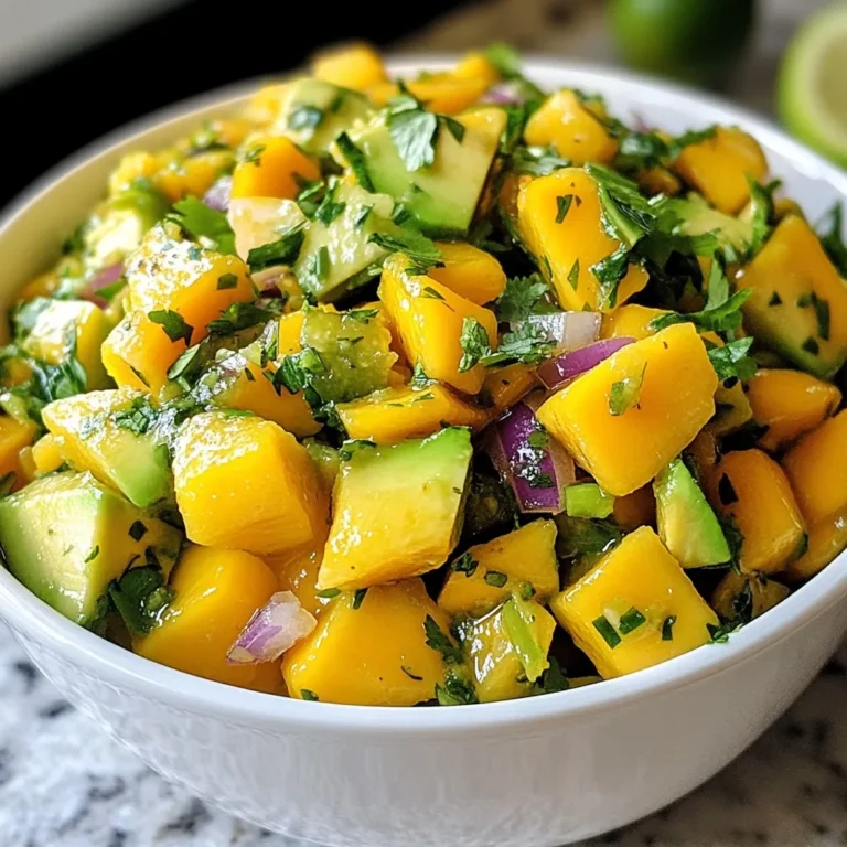 - 2 ripe mangoes, diced - 2 ripe avocados, diced - 1 small red onion, finely chopped - 1 jalapeño, seeded and minced - 1/4 cup fresh cilantro, chopped - 2 tablespoons lime juice - 1 tablespoon olive oil - Salt and pepper to taste To make this refreshing Mango Avocado Salsa, you need a few simple ingredients. Start with two ripe mangoes. Choose ones that give slightly when you press them. Next, grab two ripe avocados. Look for avocados with a dark skin that feel soft but not too mushy. You will also need one small red onion. Finely chop this to add a nice crunch. For a bit of heat, use one jalapeño. Be sure to seed and mince it well. Fresh cilantro adds a burst of flavor, so grab a quarter cup of it, chopped. Lime juice and olive oil bring everything together. Use two tablespoons of lime juice and one tablespoon of olive oil. Lastly, season with salt and pepper to taste. This balance of flavors makes the salsa pop. Gather all these ingredients. They work together to create a vibrant, fresh dish. You can serve it with chips or as a topping for grilled meats. Enjoy the bright flavors! {{ingredient_image_1}} - Dice your ripe mangoes into small pieces. - Dice your ripe avocados the same way. - Chop the red onion finely. - Mince the jalapeño, removing the seeds for less heat. - In a large bowl, combine the diced mangoes and avocados. - Add the chopped onion and minced jalapeño to this mix. - Sprinkle in the fresh chopped cilantro for flavor. - Drizzle two tablespoons of lime juice over the salsa. - Add a tablespoon of olive oil for richness. - Gently fold all the ingredients, being careful not to mash the avocados. - Season with salt and pepper according to your taste. - Let the salsa sit for about 10 minutes before serving. - This resting time helps the flavors blend nicely. How to select ripe mangoes To find ripe mangoes, look for ones that feel slightly soft. A ripe mango has a sweet smell near the stem. The skin can be green, yellow, or red, depending on the type. Avoid any with dark spots or wrinkles. How to select ripe avocados For ripe avocados, gently squeeze them. They should feel soft but not mushy. The skin should be dark green or black, depending on the variety. If it feels too hard, give it a few days to ripen. Pairing with tortilla chips Mango avocado salsa is great with crunchy tortilla chips. The sweet and creamy texture balances perfectly with the salty chips. Just scoop a generous amount onto the chip and enjoy. Serving alongside grilled chicken or fish This salsa also shines next to grilled chicken or fish. The fresh flavors enhance the meal and add a tropical twist. Just spoon it over the protein for a colorful and tasty dish. Adjusting spice levels with jalapeño If you like spice, add more jalapeño. Remove the seeds for less heat. You can also try using a different pepper, like serrano, for a unique kick. Adding additional herbs or spices You can personalize your salsa by adding herbs like mint or basil. A dash of cumin or chili powder can also boost the flavor. Experiment to find your perfect mix! Pro Tips Choose Ripe Fruits: Ensure your mangoes and avocados are perfectly ripe for the best flavor and texture. They should give slightly when pressed. Adjust Heat Level: If you prefer a milder salsa, use less jalapeño or omit the seeds entirely. For more heat, include the seeds or add a pinch of cayenne pepper. Use Fresh Ingredients: Fresh cilantro and lime juice will significantly enhance the flavor of your salsa. Avoid bottled lime juice for the best results. Let it Rest: Allowing the salsa to sit for 10 minutes before serving lets the flavors meld together, resulting in a more delicious dish. {{image_2}} You can add a fun twist to your mango avocado salsa. Try mixing in diced pineapple or papaya. These fruits bring a sweet and juicy taste. They make your salsa even more tropical. You can also add black beans. Black beans add protein and fiber. This makes the salsa more filling and healthy. If you are looking for a gluten-free option, this salsa fits the bill. All the ingredients are naturally gluten-free. You don’t need to change anything! For vegan-friendly variations, you are in luck. This salsa is already vegan. Just enjoy it as is, or serve it with corn chips. Want to make your salsa even more tangy? Add a splash of orange juice. This adds a bright flavor that pairs well with mango. You can also experiment with fresh herbs. Mint is a great choice! It gives a cool taste that contrasts with the sweetness of the mango. Don’t be afraid to mix it up! To keep your Mango Avocado Salsa fresh, store it in the fridge. Use an airtight container to seal in the flavors. This method helps prevent air from getting in and keeps the salsa from browning. If you have leftovers, be sure to cover them tightly. This keeps the salsa tasty for your next snack. When stored in the fridge, your Mango Avocado Salsa lasts about 2 to 3 days. After this time, the avocado may turn brown, and the salsa might lose its fresh taste. Signs that the salsa has spoiled include a sour smell or a change in color. If you see any mold, it's best to throw it away. You can freeze Mango Avocado Salsa, but it may change texture. To freeze, place the salsa in a freezer-safe bag or container. Remove as much air as possible. This helps prevent freezer burn. When you want to use it, thaw the salsa in the fridge overnight. Stir it gently before serving to re-mix the ingredients. You can enjoy mango avocado salsa with many dishes. Here are some of my favorites: - Tortilla chips for a crunchy snack - Grilled chicken for a fresh topping - Fish tacos for a tasty twist - On salads for added flavor - With quesadillas for a fun side Each of these options enhances the bright flavors of the salsa. Pairing it with grilled meats or crispy chips makes the dish even better. Homemade salsa lasts about 2 to 3 days in the fridge. Store it in an airtight container. Always check for any signs of spoilage, like off smells or changes in color. Fresh salsa tastes best when used soon after making it. Yes, you can prepare this salsa ahead of time. To keep it fresh, store it in the fridge. However, for the best taste, add the lime juice and salt just before serving. This way, the flavors stay bright and the avocados stay green. Enjoy your salsa at its best! This blog post shared a simple, tasty recipe for Mango Avocado Salsa. We covered ingredients, preparation steps, tips for choosing fruits, and ideas for serving. Remember, letting flavors meld enhances the taste. Consider trying variations for a fun twist. Proper storage keeps your salsa fresh and safe to eat. Enjoy making this easy dish anytime you crave a burst of flavor!