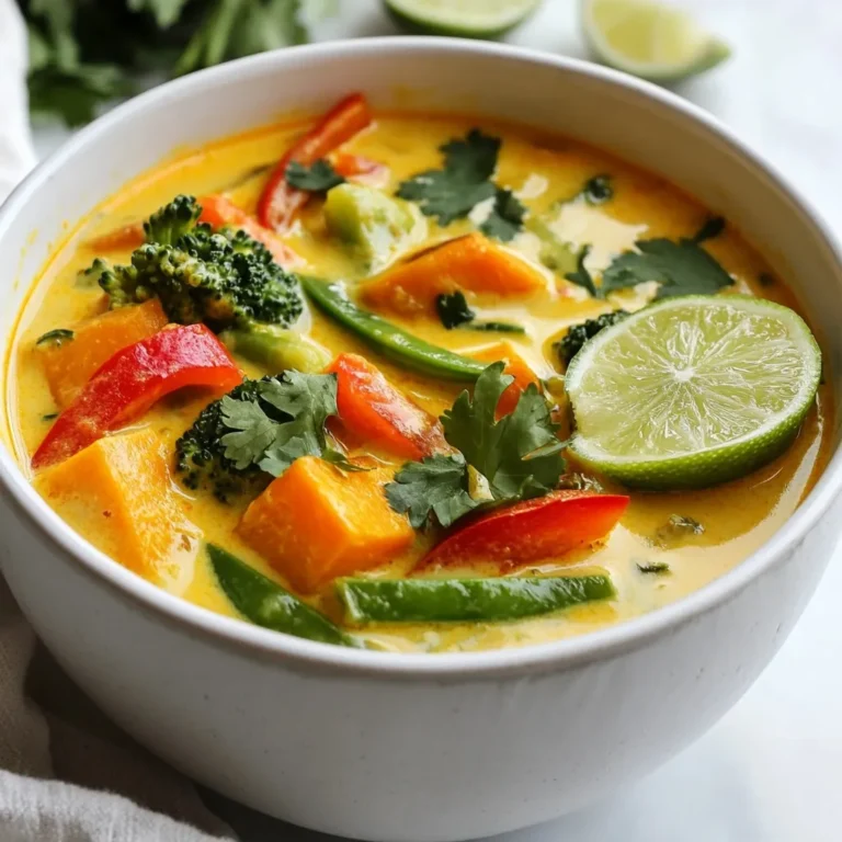 Here’s what you need for your Vegan Thai Coconut Curry Soup: - 1 tablespoon coconut oil - 1 onion, diced - 3 cloves garlic, minced - 1 tablespoon fresh ginger, grated - 2 tablespoons red curry paste - 1 can (13.5 oz) coconut milk - 4 cups vegetable broth - 2 cups sweet potatoes, peeled and cubed - 1 red bell pepper, sliced - 1 cup broccoli florets - 1 cup snap peas - 2 tablespoons soy sauce or tamari - 1 tablespoon lime juice - Fresh cilantro, for garnish - Salt and pepper to taste Each ingredient plays a key role in this dish. The coconut oil gives a rich base. The onion, garlic, and ginger bring great flavor. Red curry paste adds warmth and spice. Coconut milk makes the soup creamy. Vegetable broth is the heart of the soup, adding depth. Sweet potatoes give sweetness and texture. The red bell pepper, broccoli, and snap peas add color and crunch. Lime juice brightens the flavors. Finally, fresh cilantro lifts the soup with its herbal taste. Make sure to gather all your ingredients before you start cooking. It makes the process smooth and fun! Enjoy the vibrant colors and fresh smells as you prepare this dish. {{ingredient_image_1}} 1. Heat coconut oil and sauté onion: Start by heating 1 tablespoon of coconut oil in a large pot over medium heat. Once the oil is hot, add 1 diced onion. Sauté it for about 5 minutes until it becomes soft and translucent. 2. Add garlic and ginger: Next, stir in 3 cloves of minced garlic and 1 tablespoon of grated fresh ginger. Cook these for about 2 minutes. This step fills your kitchen with a wonderful aroma. 3. Incorporate red curry paste: Now it’s time to add 2 tablespoons of red curry paste. Stir it well and cook for 1 minute. This paste gives your soup that rich, spicy flavor we all love. 4. Pour in coconut milk and broth: After that, pour in 1 can (13.5 oz) of coconut milk and 4 cups of vegetable broth. Stir until the curry paste fully dissolves. This creates a creamy and flavorful base. 5. Add sweet potatoes and simmer: Add 2 cups of peeled and cubed sweet potatoes to the pot. Bring the soup to a gentle boil, then reduce the heat to simmer. Cover the pot and let it cook for about 10-15 minutes until the sweet potatoes are tender. 6. Stir in remaining vegetables: Next, mix in 1 sliced red bell pepper, 1 cup of broccoli florets, and 1 cup of snap peas. Cook for another 5 minutes. The vegetables should be bright and tender-crisp. 7. Add soy sauce and lime juice: Now, add 2 tablespoons of soy sauce or tamari and 1 tablespoon of lime juice. Stir well to incorporate these flavors. 8. Season and let flavors meld: Finally, season with salt and pepper to taste. Remove from heat and let the soup sit for a few minutes. This allows all the flavors to meld together beautifully. To make your Vegan Thai Coconut Curry Soup just right, adjust the spice level. If you like it spicy, add more red curry paste. For a milder flavor, use less. This will help you control the heat to fit your taste. Using fresh vegetables is key for a great flavor. Fresh sweet potatoes, bell peppers, and broccoli add a nice crunch. They also give a bright color that makes the soup look appealing. Always pick firm veggies without spots for the best taste. When serving, use deep bowls. This keeps the soup warm and makes it look nice. Add a slice of lime on the side. It gives a pop of color and adds a fresh squeeze when eaten. For a complete meal, pair the soup with rice or crusty bread. This adds texture and makes the dish filling. You can also serve it with a side salad for a lighter touch. Enjoy your soup in style! Pro Tips Use Fresh Ingredients: Always opt for fresh vegetables and herbs to enhance the flavor of your soup. Fresh ingredients make a significant difference in taste and nutrition. Adjusting Spice Levels: If you prefer a milder soup, reduce the amount of red curry paste. You can also add it gradually and taste as you go to find your perfect spice level. Meal Prep Friendly: This soup stores well in the fridge for up to 4 days. You can make a big batch and enjoy it throughout the week for quick meals. Garnishing: For added texture and flavor, consider topping your soup with toasted coconut flakes or chopped peanuts along with cilantro. {{image_2}} You can change the vegetables in this soup for a new twist. Try adding: - Carrots for sweetness - Zucchini for a light crunch - Cauliflower for a hearty bite Feel free to mix and match. Each vegetable brings its own flavor. If you want to switch from coconut milk, try nut milk. Almond or cashew milk works well. They add creaminess with different notes. Just note that this may change the taste slightly. Want more protein? Tofu is a great choice. Use firm tofu for a nice texture. - Cut it into cubes and sauté with onions. - Or, add it right into the soup to soak up flavors. Tempeh is another option. It has a nutty taste and a firmer bite. You can also use legumes. Chickpeas or lentils boost protein easily. Add them in during cooking. They will soften and blend well with the soup. To store leftovers of your Vegan Thai Coconut Curry Soup, let it cool first. Place the soup in an airtight container. This keeps it fresh and safe. I recommend using glass containers. They do not retain odors and are easy to clean. You can keep the soup in the fridge for up to four days. When you want to eat it again, just heat it in a pot or microwave. If you want to save some soup for later, freezing works great! Pour the cooled soup into freezer-safe bags or containers. Leave some space at the top for expansion. You can freeze it for up to three months. When you are ready to eat, take it out of the freezer. Let it thaw in the fridge overnight. Then, reheat it on the stove or in the microwave. Stir well to ensure even heating. If it looks too thick, add a splash of vegetable broth to loosen it up before serving. To thicken this soup, you can use a few methods. One way is to blend some of the soup. Take a cup of the soup and blend it until smooth. Then, stir it back in. This adds creaminess without losing any flavor. You can also add a bit of cornstarch. Mix one tablespoon of cornstarch with two tablespoons of water. Stir this mix into the soup and let it cook for a few minutes. This will help thicken it up nicely. Yes, you can make this soup ahead of time. It actually tastes better after resting. The flavors meld together as it cools. Store the soup in the fridge for up to three days. Just reheat it on the stove before serving. If you plan to store it, keep the fresh cilantro separate. Add it just before serving for the best flavor. Yes, this soup is gluten-free. Just make sure to use gluten-free soy sauce or tamari. Regular soy sauce often contains gluten. Most other ingredients in the soup are naturally gluten-free. Double-check labels on any packaged items to be safe. If you can't find red curry paste, you have options. You can make your own using red chili flakes, garlic, ginger, and a bit of salt. Another option is green curry paste, which has a different flavor but still works well. You could also use a mix of curry powder and some chili paste for a similar kick. Just remember to adjust the amount to fit your taste. In this post, we explored how to make a delicious Vegan Thai Coconut Curry Soup. With simple ingredients like coconut oil, ginger, and fresh veggies, you can create a tasty meal. Each step shows you how to build flavor and cook the soup perfectly. I hope you feel ready to try making this recipe. Enjoy experimenting with different ingredients and flavors. Your kitchen adventure awaits!