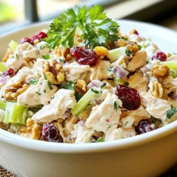 - 2 cups cooked chicken, shredded - 1/2 cup dried cranberries - 1/2 cup walnuts, roughly chopped - 1/2 cup celery, diced - 1/4 cup red onion, finely chopped - 1/2 cup Greek yogurt (or mayonnaise) - 1 tablespoon honey - 1 tablespoon apple cider vinegar - Salt and pepper to taste - Fresh parsley, for garnish These ingredients create a well-rounded salad. The chicken gives protein and flavor. Dried cranberries add a touch of sweetness. Walnuts bring a nice crunch. Celery adds a fresh taste and crispness. Red onion offers a bite that balances it all. Using Greek yogurt makes the salad creamy and light. Honey adds a hint of sweetness, while apple cider vinegar gives it a tangy kick. Salt and pepper enhance all the flavors. Finally, fresh parsley brightens the dish and adds color. This salad packs a lot of nutrients. Each serving has about: - Calories: 300 - Protein: 25g - Fats: 15g - Carbohydrates: 20g It’s a healthy choice for lunch or dinner. The protein helps keep you full. The healthy fats from walnuts provide energy. Plus, the salad is colorful and tasty! {{ingredient_image_1}} First, grab a large mixing bowl. In this bowl, add the shredded chicken. Next, toss in the dried cranberries. Then, add the roughly chopped walnuts. Follow this with the diced celery and finely chopped red onion. Mix everything well. You want all the ingredients to blend nicely. In a separate small bowl, whisk together the Greek yogurt, honey, and apple cider vinegar. Add salt and pepper to taste. Keep whisking until the mixture is smooth and creamy. This dressing adds flavor and moisture to the salad. Now, pour the dressing over the chicken mixture. Gently fold everything together. Make sure all ingredients get coated with the dressing. This step is key for great taste. After mixing, taste the salad. If you want more flavor, add a bit more salt, pepper, or honey. Adjusting the seasoning helps suit your taste buds. When you are ready to serve, give the salad a gentle stir. Then, sprinkle fresh parsley on top. This not only makes it look nice but adds a fresh flavor too. Enjoy your meal! Using Pre-Cooked Chicken You can save time by using pre-cooked chicken. Many stores sell cooked rotisserie chicken. Just shred it and add it to your salad. This cuts down your prep time and makes it easy. Prepping Ingredients Ahead of Time Prep your ingredients ahead of time. Chop your celery and onions the night before. Store them in the fridge. This way, you can mix everything quickly when it's time to make the salad. Alternative Dressings You can change the dressing to fit your taste. Try using mayonnaise instead of Greek yogurt. You can also mix in some mustard for a tangy twist. Each option adds a new layer of flavor. Adding Other Ingredients Feel free to add other fruits or nuts. Apples, grapes, or even sliced almonds work well. These extras can change the taste and add crunch. Get creative and make the salad your own! Pro Tips Use Leftover Chicken: This salad is a great way to use up leftover chicken from a previous meal, making it a time-saver! Customize the Nuts: Feel free to substitute walnuts with pecans or almonds for a different flavor profile. Add Fresh Fruits: Adding diced apples or grapes can enhance the sweetness and add a refreshing crunch. Chill Before Serving: Allowing the salad to chill for at least 30 minutes helps the flavors meld beautifully. {{image_2}} Gluten-Free Options This salad is easy to make gluten-free. Simply ensure that your chicken and all other ingredients are gluten-free. Most nuts and dried fruits are safe. You can enjoy this dish with confidence. Vegan Alternatives To make a vegan version, use chickpeas instead of chicken. Choose vegan yogurt for the dressing. You can also add some diced apples for extra sweetness. This version still tastes great and is full of nutrition. Different Types of Nuts Don’t have walnuts? You can use almonds, pecans, or cashews instead. Each nut adds a different taste and crunch. Try different nuts to find your favorite blend. Modifying the Dressing (yogurt vs. mayo) Greek yogurt gives a tangy flavor. If you prefer a creamier taste, use mayonnaise. You can mix both for a balanced flavor. Experiment to see what you like best! To keep your cranberry walnut chicken salad fresh, use an airtight container. This method works best to seal in flavors and moisture. If you don’t have one, a covered bowl is a good option too. Just make sure it’s well-covered to prevent drying out. How long does it last in the fridge? Your salad will stay fresh for about three to four days in the fridge. Store it right after making it. This helps keep the ingredients crisp and tasty. What about freezing the salad? I don’t recommend freezing it. The texture of the chicken and veggies changes when thawed. However, you can freeze the cooked chicken separately. Then, mix it with the salad when you’re ready to eat. This way, you can enjoy a fresh-tasting meal every time! Can I use fresh cranberries instead of dried? You can use fresh cranberries, but they are very tart. If you want to use them, add a little extra honey. This will help balance the tartness. Dried cranberries add a nice sweetness and chewiness, which many enjoy. Is Greek yogurt healthier than mayonnaise? Yes, Greek yogurt is often healthier than mayonnaise. It has less fat and more protein. Greek yogurt also brings a creamy texture. It makes the salad lighter and more nutritious. How can I make this salad spicier? To spice up the salad, add some diced jalapeños or a dash of cayenne pepper. You can also mix in a bit of hot sauce. These additions will give your salad a nice kick without overpowering the other flavors. Can I prepare it the day before serving? Yes, you can make this salad the day before. Just keep it in the fridge. The flavors will develop more overnight. Just give it a quick stir before serving to mix everything back together. What to serve with Cranberry Walnut Chicken Salad? This salad pairs well with a fresh green salad or whole grain bread. You can also serve it with crackers or on a bed of spinach. It makes a great light meal or side dish. Can it be served on a sandwich? Absolutely! This salad is great on a sandwich. Use whole grain or sourdough bread. Add some greens or sliced tomatoes for extra flavor and crunch. It makes a tasty lunch option. This blog post covered a tasty dish: Cranberry Walnut Chicken Salad. You learned about the fresh ingredients, step-by-step prep, and storage tips. I shared ways to customize the salad and answered common questions. This dish is simple, healthy, and perfect for any meal. You can adjust it to fit your taste or needs. Enjoy making your salad and sharing it with friends!