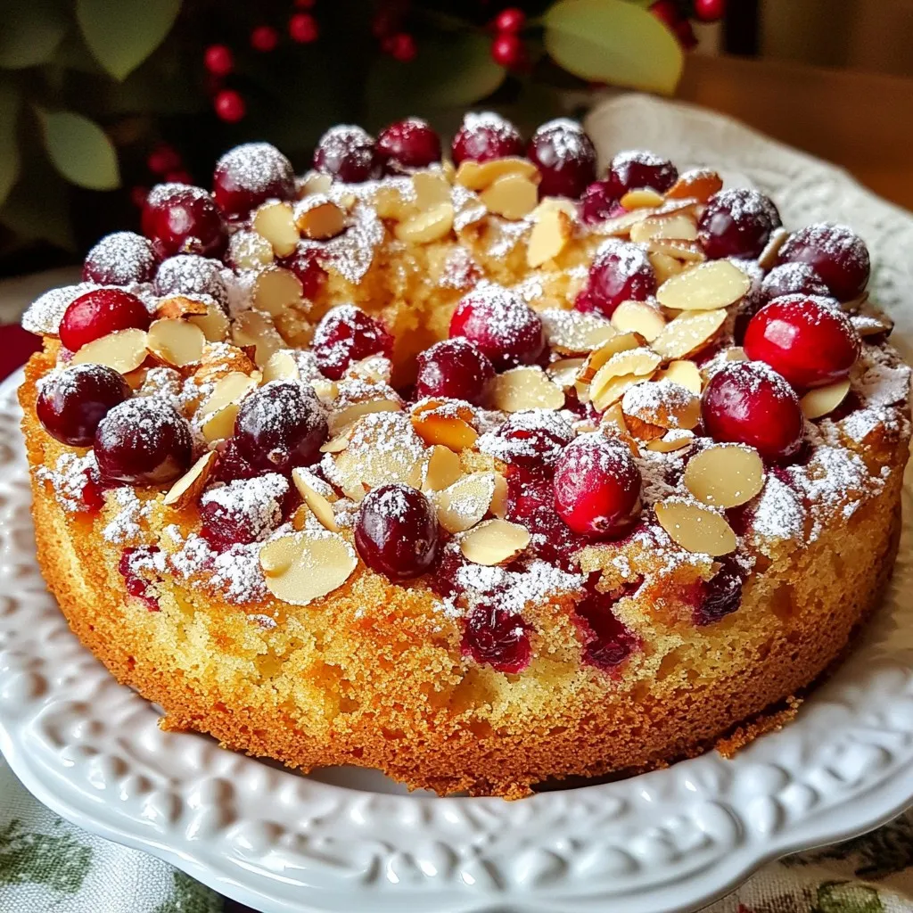 To make this delicious cranberry almond coffee cake, here’s what you need: - 1 cup all-purpose flour - 1 teaspoon baking powder - 1/2 teaspoon baking soda - 1/4 teaspoon salt - 1/2 cup unsalted butter, softened - 3/4 cup granulated sugar - 2 large eggs - 1 teaspoon vanilla extract - 1/2 cup sour cream - 1 cup fresh or frozen cranberries - 1/2 cup sliced almonds - 1/4 cup powdered sugar (for dusting) You can swap some ingredients if needed. Here are some ideas: - Use whole wheat flour for a healthier option. - Substitute Greek yogurt for sour cream. - Replace unsalted butter with coconut oil for a dairy-free treat. - Maple syrup can replace granulated sugar, but adjust the liquid in the batter. - If you don't have almonds, try walnuts or pecans instead. This coffee cake serves eight people. Each serving has about: - Calories: 250 - Total fat: 12g - Saturated fat: 6g - Cholesterol: 50mg - Sodium: 150mg - Total carbohydrates: 34g - Dietary fiber: 1g - Sugars: 15g - Protein: 4g This coffee cake is a sweet treat. It pairs well with your morning coffee or afternoon tea. Enjoy making it! {{ingredient_image_1}} To start, gather your ingredients. You will need: - 1 cup all-purpose flour - 1 teaspoon baking powder - 1/2 teaspoon baking soda - 1/4 teaspoon salt - 1/2 cup unsalted butter, softened - 3/4 cup granulated sugar - 2 large eggs - 1 teaspoon vanilla extract - 1/2 cup sour cream - 1 cup fresh or frozen cranberries - 1/2 cup sliced almonds - 1/4 cup powdered sugar (for dusting) First, preheat your oven to 350°F (175°C). Grease and flour a 9-inch round cake pan. You can also line it with parchment paper. This makes it easier to remove the cake later. Next, take a medium bowl. Whisk together the flour, baking powder, baking soda, and salt. Set this bowl aside for now. In a large bowl, cream the softened butter and granulated sugar together. Use an electric mixer for about 3 to 4 minutes. The mixture should be light and fluffy. Now, add the eggs one at a time. Mix well after each egg. Then, stir in the vanilla extract. Gradually add the dry flour mixture. Alternate this with the sour cream. Start and end with flour. Mix until just combined. Be careful not to overmix. Finally, gently fold in the cranberries and sliced almonds. Use a spatula to ensure even distribution. Pour the batter into your prepared cake pan. Smooth the top with a spatula. Bake in your preheated oven for 30 to 35 minutes. To check if it’s done, insert a toothpick in the center. It should come out clean when the cake is ready. Once baked, remove the cake from the oven. Let it cool in the pan for 10 minutes. After that, transfer the cake to a wire rack. Let it cool completely. When the cake is cool, dust the top with powdered sugar. This gives it a beautiful finish. Enjoy your cranberry almond coffee cake with coffee, tea, or on its own! To make your coffee cake fluffy, use room-temperature butter. Room-temp butter mixes better and traps air. Cream the butter and sugar well. This adds volume. Mix until it looks light and fluffy. Be careful not to overmix the batter. This can make your cake dense. Fold in the cranberries and almonds gently. This keeps your batter airy. You can boost flavor by adding spices. A dash of cinnamon or nutmeg works well. Try a splash of almond extract for more almond taste. You can also mix in orange zest for a bright twist. Using fresh cranberries adds a tart flavor. If you use frozen, thaw them first. A common mistake is not measuring flour correctly. Too much flour can make your cake dry. Use the spoon and level method for accuracy. Another mistake is opening the oven door too soon. This can make your cake fall. Wait until at least 20 minutes before checking it. Lastly, don’t skip the cooling step. Cooling the cake helps it set properly. Pro Tips Use Fresh Ingredients: For the best flavor, opt for fresh cranberries when in season. If using frozen, do not thaw them before adding to the batter to avoid excess moisture. Alternate Mixing: To keep the cake light and fluffy, alternate adding the dry ingredients and sour cream. This helps prevent overmixing. Cool Completely: Allow the cake to cool completely on a wire rack before dusting with powdered sugar. This prevents the sugar from melting into the cake. Storage Tips: Store any leftovers in an airtight container at room temperature for up to 3 days, or refrigerate for longer freshness. {{image_2}} You can change the fruit in this coffee cake for a new taste. Try blueberries for a sweet twist. Raspberries add a nice tartness. Cherries work well too, giving a rich flavor. Just remember to keep the amount the same. One cup of fruit keeps the cake moist and tasty. If you want to switch nuts, consider walnuts or pecans. They both bring a great crunch. You can even skip the nuts if you prefer a nut-free cake. This recipe still works well without them. Just be sure to adjust your baking time if you change the texture. Making this cake vegan is simple. Use plant-based butter instead of regular butter. Substitute eggs with flaxseed meal or applesauce. One tablespoon of flaxseed mixed with three tablespoons of water works well. For sour cream, try coconut yogurt or a dairy-free alternative. Your cake will still be moist and delicious! To keep your cranberry almond coffee cake fresh, store leftovers in an airtight container. This helps prevent it from drying out. You can keep it at room temperature for up to two days. If you want to keep it longer, move it to the fridge. In the fridge, it will stay good for about a week. If you want to freeze the cake, first let it cool completely. Then, wrap it tightly in plastic wrap or aluminum foil. Place the wrapped cake in a freezer-safe bag or container. It will last for up to three months in the freezer. When you're ready to enjoy it, just thaw it in the fridge overnight. To reheat your coffee cake, preheat your oven to 350°F (175°C). Place the cake on a baking sheet and cover it with foil. Heat for about 10-15 minutes. You can also use the microwave. Just heat a slice for 20-30 seconds. Enjoy it warm for the best flavor! Yes, you can use frozen cranberries. They work well in this recipe. Just make sure to measure them while still frozen. This helps keep the cake moist. Do not thaw them before adding. Thawing may make them too wet and change the texture. To check if the cake is done, insert a toothpick into the center. If it comes out clean, the cake is ready. It should also be golden brown on top. The edges may pull away slightly from the pan. Bake for 30 to 35 minutes for best results. You can serve this cake with a dollop of whipped cream. A scoop of vanilla ice cream pairs nicely too. Fresh fruit or a light yogurt can be great options. A cup of tea or coffee complements the flavors well. Enjoy it as a sweet treat at breakfast or brunch. This blog post covered everything about making a delicious Cranberry Almond Coffee Cake. We explored all the ingredients, substitutions, and nutritional information. I shared step-by-step instructions, from prep to baking. You learned tips for fluffiness and flavor tricks, plus common mistakes to avoid. We also discussed fun variations and storage instructions. Remember, with the right ingredients and care, your cake will impress everyone. Enjoy baking and sharing this treat!