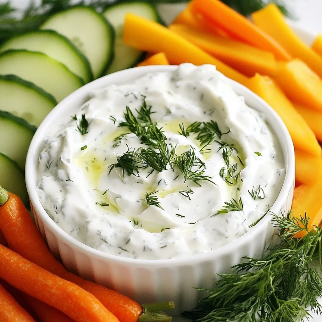 - 1 cup plain Greek yogurt - 1 tablespoon mayonnaise - 1 teaspoon garlic powder - 1 teaspoon onion powder - 1 teaspoon dried dill - 1 teaspoon dried parsley - 1 teaspoon dried chives - 1 teaspoon lemon juice - Salt and pepper to taste The star of this dip is plain Greek yogurt. It gives the dip a rich and creamy base. The mayonnaise adds a bit of extra creaminess. You want to blend these two well to create a smooth texture. Next, I add garlic powder and onion powder. These spices give depth and flavor. Dried dill, parsley, and chives add a fresh taste and a bit of color. Each herb brings its own unique flavor. A little lemon juice brightens up the whole mix. It balances the creaminess with some tang. Do not forget the salt and pepper. They help to bring all the flavors together. Taste as you go. Adjust the seasoning to fit your liking. - Fresh vegetables for dipping - Carrot sticks - Cucumber slices - Bell pepper strips For dipping, fresh veggies are a must. I love using carrot sticks, cucumber slices, and bell pepper strips. These veggies pair perfectly with the dip. They add crunch and color to your plate. You can also use any other fresh vegetables you like. The more variety, the better! {{ingredient_image_1}} To start, grab a mixing bowl. In this bowl, combine 1 cup of plain Greek yogurt with 1 tablespoon of mayonnaise. Mix these two together until they are smooth and creamy. This base creates a rich texture for your dip. Next, add in the seasonings. This includes 1 teaspoon each of garlic powder, onion powder, dried dill, dried parsley, and dried chives. Stir everything until well mixed. These herbs and spices bring a lot of flavor to the dip. Now, take a fresh lemon. Squeeze in 1 teaspoon of lemon juice and mix again. This step brightens the flavor and gives it that zesty kick. After mixing, it’s time to season. Add salt and pepper to taste. Start with a little and adjust as needed. Once you are happy with the flavor, cover the bowl. Place it in the fridge for at least 30 minutes. This waiting time allows the flavors to meld beautifully. When you’re ready to serve, take the dip out of the fridge. It pairs perfectly with fresh vegetables. I suggest using carrot sticks, cucumber slices, and bell pepper strips. These veggies not only look great but also add crunch and freshness. You can also serve the dip with crackers or chips if desired. Enjoy your flavorful and fresh Greek yogurt ranch dip! To make your Greek yogurt ranch dip taste amazing, let it chill. Chilling helps the flavors blend well. I recommend at least 30 minutes in the fridge. This wait makes a big difference. You can also adjust seasonings to match your taste. If you love garlic, add more garlic powder. If you want it tangy, squeeze in more lemon juice. Taste as you go! Creativity makes your dip stand out. Arrange the fresh veggies in a rainbow pattern. Carrot sticks, cucumber slices, and bell pepper strips look great together. Use pretty serving bowls. A colorful bowl can make your dip pop. Add a sprinkle of fresh herbs on top for a nice touch. One mistake is not mixing thoroughly. Make sure all the ingredients blend well. This way, every bite is flavorful. Another mistake is skipping refrigeration. This step is key for flavor. If you serve it right away, the dip may taste flat. Always let it chill! Pro Tips Use Fresh Herbs: Fresh herbs can elevate the flavor of your ranch dip. If you have access to fresh dill, parsley, or chives, feel free to substitute them for the dried versions for a brighter taste. Adjust Creaminess: If you prefer a lighter dip, you can substitute some of the Greek yogurt with sour cream or even buttermilk to achieve your desired consistency. Flavor Boost: For an extra zing, try adding a pinch of cayenne pepper or a few drops of hot sauce to give your dip a spicy kick. Perfect Dipping Vegetables: Carrot sticks, cucumber slices, and bell pepper strips are classic choices, but don't hesitate to experiment with other crunchy vegetables like celery, radishes, or even broccoli florets for dipping. {{image_2}} If you want a lighter dip, try low-fat Greek yogurt. It gives the same creamy taste with fewer calories. You can also use dairy-free yogurt if you're avoiding dairy. This way, everyone can enjoy the dip. For a mayo swap, use more Greek yogurt instead. This keeps the flavor rich while cutting down on fat. You can also try using mashed avocado or hummus for a new twist. Want to spice things up? Add a few dashes of hot sauce. This will give your dip a nice kick. You can also mix in some cayenne pepper for more heat. To make the dip fresh, add chopped herbs like basil or cilantro. These add brightness and can change the whole flavor. Fresh dill gives a nice twist, too. Don’t be afraid to experiment with your favorite herbs. Let’s get creative! For a Southwest style, mix in some black beans or corn. A little cumin can give it that warm flavor. If you want Italian flair, add sun-dried tomatoes and a dash of oregano. This will make a flavorful dip that pairs well with breadsticks. The options are endless! To keep your Greek yogurt ranch dip fresh, store it in an airtight container. This helps prevent any odors from the fridge from mixing in. Make sure to seal the lid tightly after each use. Always place your dip in the refrigerator. Keeping it cold maintains its creamy texture and taste. This dip lasts about 3 to 5 days in the fridge. Check for any signs of spoilage before serving. If you see any mold or an off smell, discard it right away. Freshness is key for both flavor and safety. If you have leftover dip, get creative! Use it as a spread on sandwiches or wraps. It also works well as a topping on baked potatoes or grilled meats. You can even mix it into pasta salads for extra flavor. The options are endless! Greek yogurt ranch dip is made from simple ingredients. Here’s what you need: - 1 cup plain Greek yogurt - 1 tablespoon mayonnaise - 1 teaspoon garlic powder - 1 teaspoon onion powder - 1 teaspoon dried dill - 1 teaspoon dried parsley - 1 teaspoon dried chives - 1 teaspoon lemon juice - Salt and pepper to taste These ingredients combine to create a creamy and tasty dip that is light yet full of flavor. Yes, you can make this dip ahead of time! In fact, it's even better after resting. Here are the best practices: - Prepare the dip up to two days in advance. - Store it in an airtight container in the fridge. - Let it chill for at least 30 minutes before serving. This helps the flavors blend. Yes, this dip is gluten-free! All the ingredients used are naturally gluten-free. Just ensure that your mayonnaise is also gluten-free, as some brands may include gluten. You can easily add some heat to the dip. Here are a few suggestions: - Mix in a teaspoon of hot sauce for a kick. - Add diced jalapeños for fresh heat. - Use cayenne pepper to spice it up, adjusting to your taste. This dip pairs well with many fresh veggies. Here are some ideas: - Carrot sticks - Cucumber slices - Bell pepper strips - Celery sticks - Cherry tomatoes These add crunch and freshness, making each bite delightful. The prep time is short! It takes about 10 minutes to make the dip. With chilling time, the total is about 40 minutes. It’s quick, easy, and perfect for any gathering. This blog post showed you how to make a tasty Greek yogurt ranch dip. We covered the main ingredients, step-by-step instructions, and helpful tips. I shared easy ways to enhance the flavor and avoid common mistakes. You learned how to store leftovers and even add your own twist to the dip. Now, you can impress friends with this healthy dip. Enjoy your snacks and feel proud of your creation!