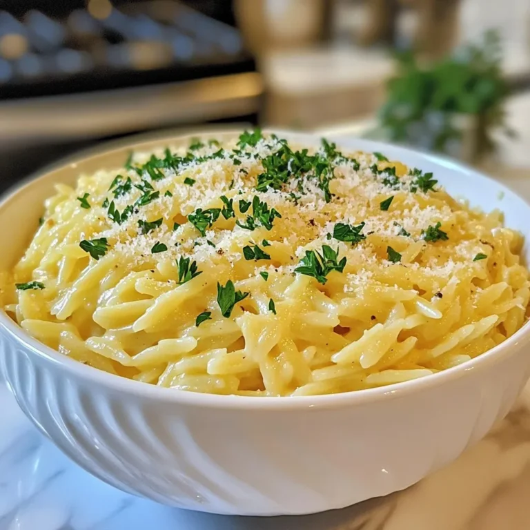 To make One-Pot Garlic Parmesan Orzo, gather these simple ingredients: - 1 cup orzo pasta - 3 tablespoons olive oil - 4 cloves garlic, minced - 4 cups vegetable broth - 1 cup heavy cream - 1 cup grated Parmesan cheese - 1 teaspoon Italian seasoning - 1/2 teaspoon red pepper flakes (optional) - Salt and pepper to taste - Fresh parsley for garnish Orzo is small, rice-shaped pasta that cooks quickly. I love using it in this dish because it absorbs flavors so well. The olive oil adds a nice richness. Fresh garlic gives a bold taste. Vegetable broth makes a great base for this creamy meal. Heavy cream creates the perfect velvety texture. Parmesan cheese adds a salty, nutty flavor that really stands out. Italian seasoning brings warmth and depth. Red pepper flakes give a little heat, but you can skip them if you prefer mild flavors. Salt and pepper balance the dish, while fresh parsley adds a bright touch at the end. These ingredients work together to create a creamy and comforting dish. Don't worry if you don't have everything; you can make swaps or adjust to your taste. Now that you have the ingredients, you're ready to dive into the cooking! {{ingredient_image_1}} - Mince the garlic into small pieces. This helps release its strong flavor. - Measure out the orzo pasta, vegetable broth, heavy cream, and Parmesan cheese. Keep everything ready to go. - Heat three tablespoons of olive oil in a large pot over medium heat. - Add the minced garlic and sauté for about 1-2 minutes. You want it fragrant but not browned. - Next, add one cup of orzo pasta to the pot. Stir it with the garlic for another minute. This toasts the orzo and adds flavor. - Pour in four cups of vegetable broth. Bring the mixture to a boil. Once boiling, reduce the heat to low. - Cover the pot and let it simmer for about 10-12 minutes. Stir occasionally to keep the orzo from sticking. - After the orzo is cooked, remove the pot from heat. - Stir in one cup of heavy cream and one cup of grated Parmesan cheese. Add one teaspoon of Italian seasoning and red pepper flakes if you want some heat. - Mix well until the cheese melts and the sauce becomes creamy. - Season with salt and pepper to taste. Let it sit for a couple of minutes. This allows it to thicken a bit. - Before serving, garnish with chopped fresh parsley. This adds color and freshness. To get the best orzo, aim for al dente. This means it should be firm but not hard. To do this, follow the cooking time closely. Stir the orzo while it simmers. This stops it from clumping together. To achieve the creamy texture, add the heavy cream after cooking. This keeps it rich and smooth. Mix in the grated Parmesan cheese while the pot is warm. The cheese melts better, making every bite delicious. To boost the flavor, add fresh herbs like basil or thyme. These herbs brighten the dish. You can also add a pinch of garlic powder for extra kick. Adjust the red pepper flakes based on your spice level. If you want it milder, skip them. For dietary needs, substitute heavy cream with a non-dairy option. Coconut milk works well and adds a hint of sweetness. You can use nutritional yeast instead of Parmesan for a cheesy flavor without dairy. A large pot is key for this dish. I recommend a heavy-bottomed pot. It heats evenly and prevents burning. Use a wooden spoon for stirring. This helps avoid scratches on your pot. Always use a lid while simmering. It keeps the heat in and cooks the orzo evenly. This step is crucial to avoid undercooked pasta. Plus, it saves energy since the pot stays hot. Pro Tips Toasting Orzo: Gently toasting orzo in olive oil enhances its nutty flavor and adds depth to the dish. Using Broth: For extra flavor, use homemade vegetable broth or a high-quality store-bought variety. Adjusting Creaminess: If you prefer a richer sauce, you can add more heavy cream or even a bit of cream cheese. Spice it Up: Customize the heat by adjusting the amount of red pepper flakes or adding a dash of hot sauce when serving. {{image_2}} If you need a gluten-free meal, swap the orzo for gluten-free pasta. Many brands make tasty options that cook well in this dish. For a dairy-free version, use coconut cream instead of heavy cream. Nutritional yeast can replace Parmesan cheese. This gives a cheesy flavor without dairy. You can change the cheese for a different flavor. Try feta or goat cheese for a tangy twist. Adding veggies can boost nutrition. Spinach, peas, or sun-dried tomatoes work nicely. Cook these with the garlic for extra flavor. If you want more protein, add cooked chicken or shrimp. Mix them in when you stir in the cream and cheese. Fresh herbs can change the taste of your dish. Basil and thyme add a nice touch. You can also use rosemary for a more earthy flavor. For a zesty kick, add lemon juice or zest at the end. This brightens the dish and makes it more refreshing. You could even use lime for a fun twist. To keep your One-Pot Garlic Parmesan Orzo fresh, place it in a sealed container. Use a glass or plastic container with a tight lid. This helps prevent air from getting in. Store it in the fridge within two hours of cooking. Proper refrigeration keeps the dish safe and tasty. It lasts for about 3 to 4 days in the fridge. Check for any signs of spoilage before eating. When it's time to eat your leftovers, reheating is easy. The best method is to use the stove. Pour the orzo into a pot and add a splash of water or cream. Heat it over low heat, stirring gently. This helps keep the creaminess intact. You can also use the microwave. Place the orzo in a microwave-safe bowl. Add a bit of water and cover it. Heat in short bursts, stirring in between. This stops it from drying out. Yes, you can freeze One-Pot Garlic Parmesan Orzo! To do this, let it cool completely first. Then, portion it into freezer-safe bags or containers. Squeeze out as much air as possible before sealing. It stays good in the freezer for up to 2 months. When you’re ready to eat, take it out of the freezer. Thaw it in the fridge overnight. To reheat, follow the stovetop method or microwave instructions above. Enjoy it just like fresh! Orzo is a type of pasta shaped like a grain of rice. It cooks quickly and has a soft texture, making it ideal for creamy dishes. Unlike larger pasta shapes, orzo blends well with sauces and acts like rice in some recipes. Yes, you can prepare One-Pot Garlic Parmesan Orzo in advance. Cook the orzo, then cool it before storing. Keep it in an airtight container in the fridge for up to three days. When ready to eat, reheat gently on the stove or microwave. Add extra cream if needed for creaminess. This dish pairs well with many sides. Consider serving it with roasted vegetables or a fresh salad. Grilled chicken or shrimp also make great add-ons. The creamy flavors of the orzo work well with zesty or savory dishes, making your meal balanced and satisfying. In summary, this blog covers a delicious recipe for One-Pot Garlic Parmesan Orzo. You learned about the key ingredients, from orzo and garlic to heavy cream and parsley. The step-by-step instructions ensure easy cooking for anyone. I shared tips for perfect texture and ways to adjust flavors. You can also explore dietary variations and storage techniques. This dish is not just tasty; it's also versatile to suit your needs. Enjoy making this comforting meal today!