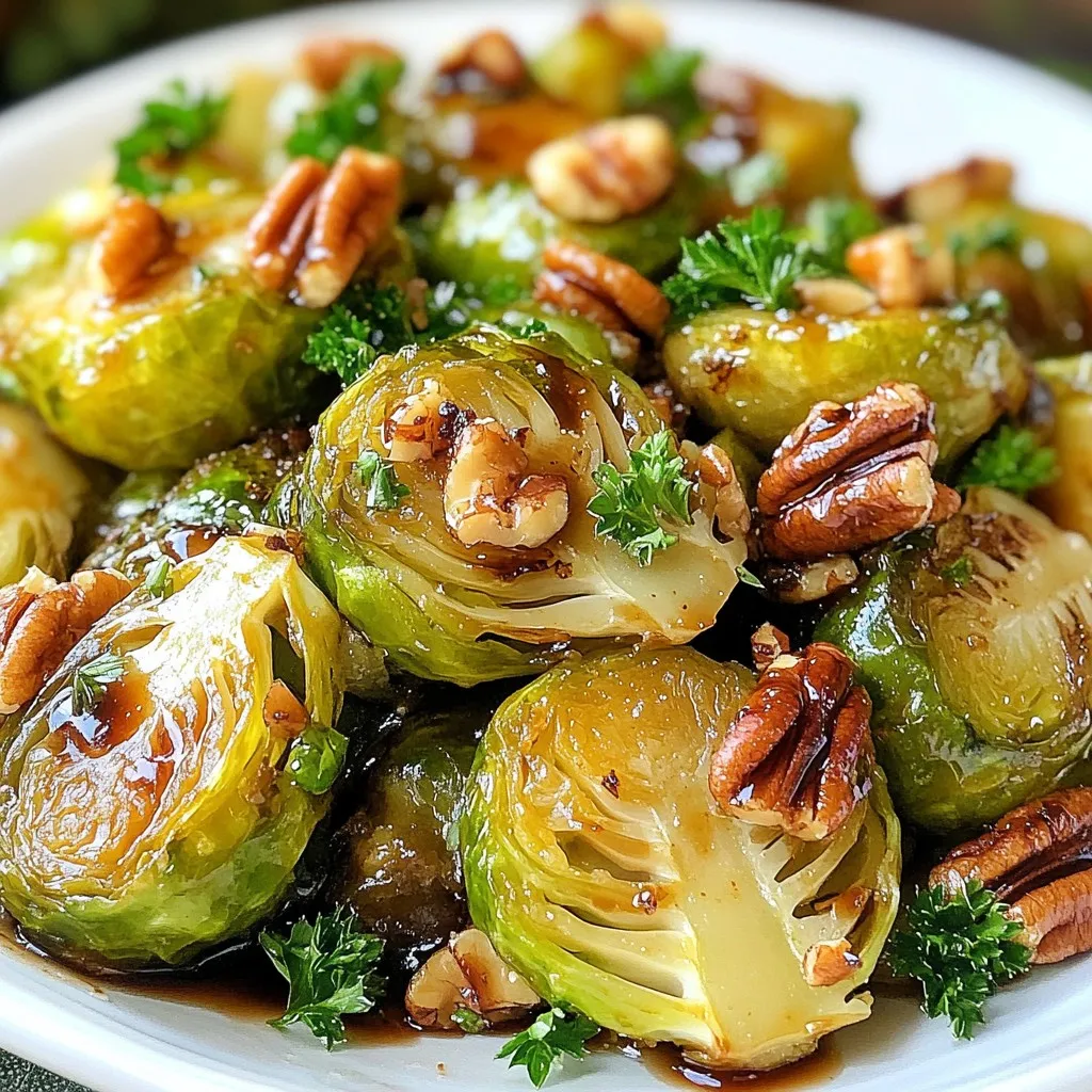 To make Maple Pecan Roasted Brussels Sprouts, you will need: - 1 lb Brussels sprouts, trimmed and halved - 1/4 cup pecans, chopped - 1/4 cup pure maple syrup - 3 tablespoons olive oil - 2 tablespoons balsamic vinegar - 1 teaspoon garlic powder - 1 teaspoon salt - 1/2 teaspoon black pepper - 1/4 teaspoon cayenne pepper (optional) - 2 tablespoons fresh parsley, chopped (for garnish) If you want to change things up, here are some options: - You can swap pecans for walnuts or almonds. - Use honey or agave syrup instead of maple syrup. - If you are out of balsamic vinegar, try apple cider vinegar. - Garlic powder can be replaced with minced fresh garlic. - For a nut-free dish, leave out the nuts entirely. This dish serves about four people. Each serving has: - Calories: 220 - Protein: 3g - Fat: 12g - Carbohydrates: 28g - Fiber: 4g - Sugar: 10g These numbers can vary based on your ingredient choices. {{ingredient_image_1}} 1. Start by preheating your oven to 400°F (200°C). This helps the Brussels sprouts roast well. 2. Next, take 1 pound of Brussels sprouts and trim the ends. Then, cut them in half. 3. In a large bowl, combine the halved Brussels sprouts with 1/4 cup of chopped pecans. 4. Add 3 tablespoons of olive oil, 1/4 cup of pure maple syrup, and 2 tablespoons of balsamic vinegar. 5. Sprinkle in 1 teaspoon of garlic powder, 1 teaspoon of salt, 1/2 teaspoon of black pepper, and 1/4 teaspoon of cayenne pepper, if you want some heat. 6. Toss everything together until the Brussels sprouts are fully coated. 1. Spread the Brussels sprouts and pecans on a baking sheet lined with parchment paper. Make sure they are in a single layer. 2. Roast them in the preheated oven for 25 to 30 minutes. Halfway through, toss them to ensure even cooking. 3. You’ll know they are done when they look golden brown and crispy on the edges. 4. Take them out of the oven and let them cool for a few minutes. 5. Transfer the Brussels sprouts to a serving platter. Drizzle any leftover maple syrup from the baking sheet on top. 6. Finally, garnish with 2 tablespoons of chopped fresh parsley for a pop of color. - Make sure not to overcrowd the baking sheet. This helps them roast better. - For extra crunch, use fresh pecans and chop them just before adding. - If you like them even crispier, roast for an extra 5 minutes. Watch closely to avoid burning. - Use high-quality maple syrup for the best flavor. It makes a big difference! To make your Maple Pecan Roasted Brussels Sprouts shine, think about adding more depth. A dash of lemon juice brightens the dish. You can also try using smoked paprika for a fun twist. If you love heat, sprinkle in more cayenne pepper. Fresh herbs like thyme or rosemary can give a lovely aroma. Remember, the key is to balance the sweet maple syrup with savory and spicy notes. Many people rush through the roasting part. Do not skip tossing the sprouts halfway. This step helps them brown and crisp up evenly. Another mistake is overcrowding the baking sheet. If you pile them too high, they will steam instead of roast. Lastly, forget not to check for seasoning. Taste your mix before cooking to ensure it has enough salt and spice. For this recipe, you need a few simple tools. A large mixing bowl helps combine all the ingredients well. A baking sheet lined with parchment paper is a must. This prevents sticking and makes clean-up easier. Use a sharp knife for halving the Brussels sprouts. A sturdy spatula helps in tossing them around when roasting. If you want to get fancy, a digital thermometer can help check if they are done perfectly. Pro Tips Freshness Matters: Use fresh Brussels sprouts for the best flavor and texture. Look for bright green sprouts with tight leaves. Customize Your Nuts: Feel free to substitute pecans with walnuts or almonds for a different nutty flavor. Perfectly Roasted: Ensure the Brussels sprouts are spread out in a single layer on the baking sheet to achieve maximum crispiness. Garnish for Flair: Adding a sprinkle of lemon zest along with the parsley enhances the dish's freshness and adds a pop of color. {{image_2}} You can switch up the pecans for other nuts. Walnuts or almonds work well too. They add a nice crunch and flavor. You can also toss in dried fruits, like cranberries or raisins. These add sweetness and chewiness. If you want a savory twist, add cooked bacon bits. The saltiness balances the sweet maple syrup perfectly. This dish is naturally vegan and gluten-free. Just make sure your maple syrup is pure. Some brands add extra ingredients that may contain gluten. You can also use a different sweetener if you prefer. Agave syrup or coconut sugar can be good choices. Both will give a nice flavor without the need for honey. Maple pecan roasted Brussels sprouts fit well with many meals. Serve them alongside roasted chicken or turkey for a hearty dinner. They also pair nicely with quinoa or rice for a vegetarian option. For a light lunch, add them to a salad with mixed greens and goat cheese. Drizzle with balsamic dressing for extra flavor. These sprouts can even shine on their own as a snack! Store your leftover Maple Pecan Roasted Brussels sprouts in an airtight container. They will stay fresh for up to three days in the fridge. Be sure to let them cool before sealing. This helps keep them crispy and tasty. To reheat, place your sprouts on a baking sheet. Preheat your oven to 350°F (175°C). Roast them for about 10 to 15 minutes until warmed through. This method keeps them crispy. You can also use a microwave, but they may lose some crunch. If you want to freeze your Brussels sprouts, spread them on a baking sheet first. Freeze them for about an hour until solid. Then, place them in a freezer bag. They will last for about three months. When ready to eat, thaw them overnight in the fridge before reheating. Yes, you can use frozen Brussels sprouts. However, fresh sprouts taste best. Frozen sprouts may have more water. Be sure to thaw and drain them well before cooking. This step helps avoid a soggy dish. To add heat, use cayenne pepper. Start with a small amount, like 1/4 teaspoon. You can also add red pepper flakes for extra spice. For a bold flavor, try mixing in diced jalapeños. Taste as you go to find the right heat level. If you don't have maple syrup, use honey or agave nectar. Both add sweetness but change the flavor slightly. You can also use brown sugar mixed with a bit of water. This mix gives a caramel-like taste that works well in this dish. This post covered all you need to know about Brussels sprouts. We discussed ingredients, preparation, and cooking steps. I shared tips for roasting and how to avoid common mistakes. You also saw variations for different diets and creative serving ideas. Don't forget to store leftovers well for later use. Brussels sprouts can be simple yet tasty. With the right methods and tips, you can impress anyone at the table. Enjoy your cooking adventure!