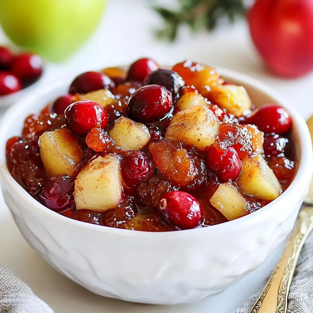 To make a delightful cranberry apple chutney, you will need: - 2 cups fresh cranberries - 1 large apple (Granny Smith or Honeycrisp), peeled and diced - 1/2 cup onion, finely chopped - 1/2 cup brown sugar - 1/2 cup apple cider vinegar - 1/2 teaspoon ground cinnamon - 1/4 teaspoon ground ginger - 1/4 teaspoon ground cloves - Salt to taste - 1 tablespoon olive oil These ingredients create a perfect blend of sweet and tart flavors. To add some fun texture, consider these options: - 1/4 cup dried cranberries These dried fruits bring extra sweetness and chewiness to your chutney. Feel free to swap ingredients based on what you have: - Use any apple variety you love. - Replace brown sugar with honey or maple syrup for a different sweetness. - If you lack fresh cranberries, use frozen ones. These substitutions can still yield a tasty chutney. {{ingredient_image_1}} To start, gather your ingredients. You need two cups of fresh cranberries, one large apple, and half a cup of onion. Chop the onion finely. Peel and dice the apple. If you want extra texture, consider adding a quarter cup of dried cranberries. Set everything aside. First, heat one tablespoon of olive oil in a medium saucepan over medium heat. Add the chopped onion. Sauté it for about three to four minutes until it turns translucent. Next, stir in the fresh cranberries and diced apple. Cook this mixture for two more minutes until you hear the berries start to pop. Then, add half a cup of brown sugar, half a cup of apple cider vinegar, and your spices: half a teaspoon of ground cinnamon, a quarter teaspoon each of ground ginger and ground cloves, plus salt to taste. Mix it all well. Let the chutney simmer on low heat for 15 to 20 minutes. Stir occasionally. The cranberries will break down and the mixture will thicken. If you decided to use dried cranberries, add them in the last five minutes. To get the right consistency, make sure to stir the chutney often. This helps it cook evenly. If it seems too thick, you can add a splash of water or vinegar. If it is too thin, let it simmer a bit longer. The goal is a sauce-like texture that clings to your spoon. After cooking, let it cool slightly before storing. Refrigerate it for at least two hours or overnight. This waiting time helps all the flavors blend well. To make your cranberry apple chutney pop, try adding a splash of orange juice. This adds a bright, citrusy flavor. You can also mix in some chopped nuts for crunch. Walnuts or pecans work well. Fresh herbs like thyme or rosemary can bring a new twist too. Just remember to add them in small amounts and taste as you go. One common mistake is cooking the chutney too quickly. Keep the heat low and let it simmer. This helps the flavors blend nicely. Another mistake is not tasting as you cook. Always adjust the sweetness and salt to your liking. If it’s too tart, add a bit more sugar. If it’s too sweet, a dash of vinegar can help balance it. Cranberry apple chutney is great with many dishes. Serve it with roasted meats like turkey or pork. It also pairs well with cheese platters. Try it with sharp cheddar or creamy brie for a tasty contrast. You can even spread it on sandwiches for extra flavor. Use it as a topping for baked brie or mix it into yogurt for a sweet treat. Pro Tips Choose the Right Apple: Select a tart apple variety like Granny Smith for a balanced flavor that complements the sweetness of the cranberries. Add Depth with Spices: Don't hesitate to adjust the spices; a pinch of nutmeg or allspice can elevate the flavor profile of your chutney. Make Ahead: Prepare the chutney a day in advance to allow the flavors to meld beautifully, enhancing its taste. Versatile Pairings: This chutney pairs well with roasted meats, cheese boards, or even as a spread on sandwiches, making it a versatile condiment. {{image_2}} You can change the fruit in this chutney for fun flavors. Try using pears instead of apples. Their sweetness pairs well with tart cranberries. You can also add orange zest for a bright, citrus taste. Combinations like peaches or apricots can add a lovely twist too. Mix and match to find your favorite. Spices can transform your chutney. If you want a bolder taste, add more cinnamon or ginger. For a warm kick, try adding a pinch of cayenne pepper. You can also play with cardamom for a unique flavor. Adjust the spices to fit your taste and make it your own. You can control the sweetness in this chutney. If you like it sweeter, add more brown sugar or honey. For a less sweet taste, cut back on sugar. You can also use maple syrup for a different kind of sweetness. Taste as you go to find the perfect balance. You should store cranberry apple chutney in an airtight container. Glass jars work best. Make sure to let it cool before sealing. This helps keep the flavors fresh. Cranberry apple chutney lasts about two weeks in the fridge. If you want to keep it longer, you can freeze it. It stays good for up to six months when frozen. Just use freezer-safe containers. Label them with the date for easy tracking. To reheat the chutney, use a small saucepan over low heat. Stir it often to warm it evenly. You can also microwave it in a safe dish. Heat in short bursts, stirring in between, until it’s warm. Enjoy it hot or at room temperature! Yes, you can use frozen cranberries. They work well in chutney. Just thaw them first. Frozen cranberries may take a bit longer to cook. They might also be softer than fresh ones. This softness can create a smoother chutney. Homemade chutney lasts about one to two weeks in the fridge. Make sure to store it in a clean, air-tight jar. If you want it to last longer, freeze it. In the freezer, it can last for months. Just remember to thaw it in the fridge before use. Cranberry apple chutney pairs well with many dishes. It is great with cheese platters. You can serve it on sandwiches or burgers too. It also complements roasted meats like turkey or pork. Try it with crackers for a tasty snack! In this blog post, we explored everything about cranberry apple chutney. We covered main and optional ingredients, along with smart substitutions. You learned step-by-step prep and cooking methods for perfect consistency. I shared tips to enhance flavor and avoid common mistakes. We also discussed various fruit combinations and adjustments to sweetness. Finally, I provided storage tips and answered key questions. Feel confident to create your chutney now. With these steps, you’ll impress everyone at your table.