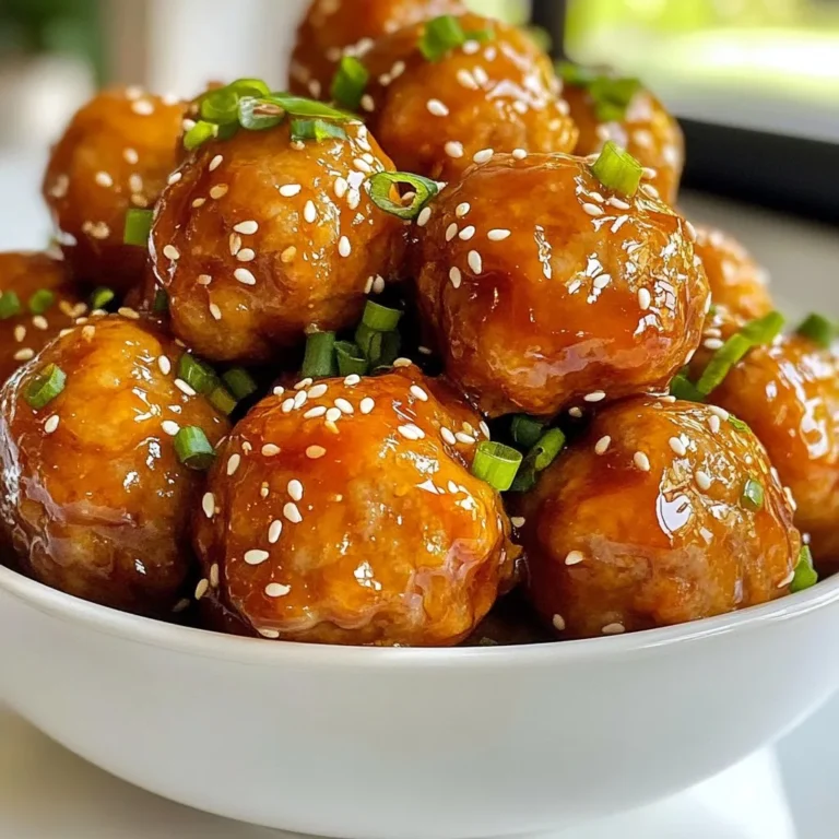 - 1 pound ground turkey - 1/2 cup breadcrumbs - 1/4 cup grated Parmesan cheese - 2 cloves garlic, minced - 1 teaspoon fresh ginger, grated - Zest of 1 orange - 1/2 cup fresh orange juice - 2 tablespoons honey - 1 tablespoon soy sauce - Sesame seeds - 1/4 cup finely chopped green onions The main ingredients create the base for these tasty meatballs. Ground turkey adds lean protein. Breadcrumbs bind the meatballs together, giving them a nice texture. Parmesan cheese adds a rich flavor that makes each bite special. For flavor, I always use garlic and ginger. They add warmth and depth. The zest and juice of the orange give a bright, fresh taste. Honey and soy sauce balance the sweetness and saltiness, making the glaze shine. Garnishes like sesame seeds and green onions are optional but fun. They add crunch and color. You can sprinkle them on top for a lovely presentation. {{ingredient_image_1}} First, preheat your oven to 400°F (200°C). This heat will help cook the meatballs just right. Next, line a baking sheet with parchment paper or grease it lightly. This step keeps the meatballs from sticking. In a large bowl, combine the ground turkey, breadcrumbs, and grated Parmesan cheese. Add in the finely chopped green onions, egg, minced garlic, grated ginger, and orange zest. Season with salt and pepper. Mix gently until everything is just combined. Be careful not to overmix. Overmixing can make the meatballs tough. Using your hands, form the mixture into meatballs. Aim for about 1 to 1.5 inches in diameter. Place each meatball on your prepared baking sheet. Bake them in the preheated oven for about 20 to 25 minutes. They should be cooked through and golden brown on the outside. While the meatballs bake, make the orange glaze. In a small saucepan over medium heat, mix the fresh orange juice, honey, and soy sauce. Bring this mixture to a simmer. Then stir in the cornstarch mixed with water. This will help thicken the glaze. Cook for 1 to 2 minutes until the glaze is glossy and thickened. Once the meatballs are baked, transfer them into a serving bowl. Pour the orange glaze over the meatballs. Toss them gently to coat evenly. For a nice touch, sprinkle sesame seeds on top. You can also add more chopped green onions if you like. This adds color and crunch to your dish. To ensure even cooking, space the meatballs apart on the baking sheet. This allows hot air to flow freely around them. Use an oven thermometer to check the temperature. If your oven runs hot or cold, it can affect how well they cook. Keeping meatballs moist is key for taste. Do not overmix the meatball mixture. Mix just until combined to keep them soft. Adding breadcrumbs helps absorb moisture, too. You can even soak the breadcrumbs in a bit of orange juice for extra flavor. Adding spices or herbs can elevate your meatballs. Fresh herbs like cilantro or parsley add brightness. A pinch of red pepper flakes can give a nice kick. Experimenting with different spices can lead to a new favorite twist! Pairing with side dishes can enhance your meal. Serve the meatballs with rice or quinoa to soak up the orange glaze. A fresh salad or steamed vegetables adds a nice crunch and color to your plate. For presentation ideas, serve the meatballs in a large bowl. Drizzle extra orange glaze on top for a glossy look. Garnish with sesame seeds and chopped green onions for pop. Best accompaniments for orange glazed turkey meatballs include jasmine rice or steamed broccoli. You can also try a creamy coleslaw for a cool contrast. Whatever you choose, aim for a colorful plate that catches the eye! Pro Tips Use Fresh Ingredients: Fresh ground turkey and organic oranges will elevate the flavor of your meatballs and glaze, making them taste more vibrant. Don’t Overmix: When combining the meatball ingredients, mix just until combined to keep the meatballs tender and prevent them from becoming tough. Check for Doneness: Use a meat thermometer to ensure the internal temperature of the meatballs reaches 165°F (75°C) for safe consumption. Customize the Glaze: Feel free to add a pinch of red pepper flakes or a splash of rice vinegar to the orange glaze for an extra kick of flavor. {{image_2}} You can make these meatballs fit your needs. For gluten-free options, swap regular breadcrumbs for gluten-free breadcrumbs. This change keeps the texture while ensuring it's safe for gluten-sensitive eaters. If you need a dairy-free version, skip the Parmesan cheese or replace it with a dairy-free alternative. Nutritional yeast can add a cheesy flavor without dairy. Want to switch things up? You can use other citrus fruits. Lemon or lime juice works great instead of orange juice. They add a zesty twist to your meatballs. For the protein, ground chicken or even plant-based meat can be used. Both will give a different flavor while keeping the dish healthy and tasty. If you prefer a slower cook, try a slow cooker. Just mix the meatballs and glaze in the slow cooker. Cook on low for 4-5 hours for juicy, tender meatballs. You can also grill or fry them. Grilling gives a smoky flavor, while frying can create a nice crispy edge. Each method brings its unique taste to the table. To store leftovers, let the meatballs cool down first. Place them in an airtight container. This keeps them fresh and safe. You can store them in the fridge for up to three days. Use a glass or plastic container that seals well. This helps prevent odors from other foods. For freezing, place the cooled meatballs in a single layer on a baking sheet. Freeze them for about an hour. Once firm, transfer them to a freezer-safe bag or container. Squeeze out the air before sealing. This method prevents freezer burn. To thaw, move the meatballs to the fridge for a few hours or overnight. Reheat them in the oven or microwave until hot. These meatballs last up to three days in the fridge. In the freezer, they can last for about three months. Check for signs of spoilage. If there’s an off smell or discoloration, it's best to toss them. Keeping track of your food helps you enjoy every bite. Yes, you can use other meats for these meatballs. Ground chicken or lean pork works well. You can also try ground beef. Each option will bring a different flavor to your dish. Just keep the other ingredients the same. To make the glaze thicker, use cornstarch. Mix 1 teaspoon of cornstarch with 1 tablespoon of water. Add this mix to the orange sauce as it cooks. Stir until the glaze thickens. You can also cook it longer to reduce the liquid. These meatballs pair well with many sides. Try serving them with rice or noodles. A fresh salad adds a nice crunch. Steamed vegetables make a great choice too. For a fun twist, serve them in lettuce wraps. You can make these meatballs ahead of time. Prepare the meatball mixture and shape them. Place them on a baking sheet and freeze until firm. Then, transfer them to a bag. You can store them for up to three months. Cook from frozen, adding a few extra minutes to the baking time. These orange glazed turkey meatballs are simple and tasty. We discussed key ingredients like turkey, breadcrumbs, and delicious flavors from garlic and ginger. I shared step-by-step instructions for mixing, shaping, and baking them. You learned tips to keep meatballs moist and ways to customize them for your taste. Remember to store leftovers correctly for the best quality. With these techniques and ideas, you can enjoy a great meal anytime. Experiment with variations and find your favorite combinations. Happy cooking!