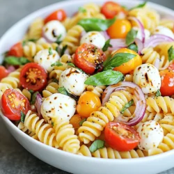 - 8 oz fusilli or rotini pasta - 1 pint cherry tomatoes, halved - 8 oz fresh mozzarella balls (bocconcini), halved - 1/4 cup fresh basil leaves, chopped - 1/4 cup red onion, finely diced - 1/4 cup black olives, sliced (optional) - 2 tablespoons balsamic vinegar - 3 tablespoons extra virgin olive oil - Salt and pepper to taste - 1 teaspoon Italian seasoning The key to a great Tomato Mozzarella Pasta Salad is using fresh ingredients. Start with 8 oz of fusilli or rotini pasta. This type of pasta holds the flavors well. I love using cherry tomatoes for their sweetness. Halving them releases their juicy goodness into the salad. Next, you need 8 oz of fresh mozzarella balls, known as bocconcini. Their creamy texture pairs perfectly with the tangy tomatoes. For a pop of color and flavor, add 1/4 cup of fresh basil leaves, chopped. I find that fresh basil adds a lovely aroma and taste. Don't forget the crunch! Use 1/4 cup of finely diced red onion. This gives the salad a nice bite. If you're a fan of olives, consider adding 1/4 cup of sliced black olives for extra flavor. Now, let's talk about the dressing. You will need 2 tablespoons of balsamic vinegar and 3 tablespoons of extra virgin olive oil. These ingredients give your salad a rich taste. Season it with salt and pepper to your liking. Lastly, add 1 teaspoon of Italian seasoning to enhance the flavors further. Gathering these ingredients will create a fresh and tasty delight that you will enjoy! {{ingredient_image_1}} - Start by cooking 8 oz of fusilli or rotini pasta. Follow the package instructions. - Cook until it is al dente. This means it should be firm when bitten. - Once done, drain the pasta and rinse it under cold water. This cools it quickly. - In a large bowl, combine 1 pint of halved cherry tomatoes, 8 oz of halved fresh mozzarella balls, 1/4 cup of chopped fresh basil, and 1/4 cup of finely diced red onion. - Next, add the cooled pasta to this mixture. Stir gently to mix everything well. - In a small bowl or jar, whisk together 2 tablespoons of balsamic vinegar, 3 tablespoons of extra virgin olive oil, 1 teaspoon of Italian seasoning, and salt and pepper to taste. - This dressing adds flavor and richness to your salad. - Pour the dressing over the salad and toss gently. Make sure each ingredient is well coated. - If you want, add 1/4 cup of sliced black olives. They bring a nice briny flavor. - Taste the salad and adjust the seasoning with more salt and pepper if needed. - Transfer the salad to the refrigerator. Let it chill for at least 30 minutes before serving. - Chilling helps the flavors blend together nicely, making each bite a delight. - Use al dente pasta for the best texture. This keeps your pasta firm and tasty. Overcooked pasta can turn mushy and ruin the dish. - Chill to enhance flavor melding. Letting your salad sit in the fridge helps the flavors mix together. Aim for at least 30 minutes. - Use fresh ingredients for the best taste. Fresh tomatoes, mozzarella, and basil make a world of difference. They bring bright flavors and lovely colors to your salad. - Substitute mozzarella with feta for a tangy twist. Feta adds a nice salty flavor that pairs well with the sweet tomatoes. - Garnish with fresh basil and a drizzle of balsamic reduction. This makes your salad look great and adds extra flavor. - Serve in a large bowl for easy sharing. A big bowl lets everyone scoop out their portion and enjoy together. Pro Tips Use Fresh Ingredients: Opt for the freshest cherry tomatoes and basil you can find to enhance the flavor of your salad. Chill for Flavor: Allow the pasta salad to chill in the refrigerator for at least 30 minutes. This helps the flavors meld beautifully. Customize Your Salad: Feel free to add other ingredients like grilled chicken, bell peppers, or artichoke hearts for extra flavor and texture. Perfect Pasta Cooking: Make sure to cook the pasta al dente to prevent it from becoming mushy when mixed with the dressing. {{image_2}} You can easily boost the protein in your Tomato Mozzarella Pasta Salad. Grilled chicken adds a hearty touch. Simply slice it and mix it in. Shrimp also works great. Just cook the shrimp until pink and toss them in. If you prefer a vegetarian option, add chickpeas. They are full of protein and add a nice texture. Just rinse a can of chickpeas and mix them into your salad. You will enjoy the extra flavor and nutrition. The dressing can change the whole vibe of your salad. Try a lemon vinaigrette for a fresh twist. Just mix lemon juice, olive oil, salt, and pepper. This brightens up the dish nicely. If you want something creamier, go for a creamy dressing. Ranch or a yogurt-based dressing adds a rich flavor. Just pour it over the salad and toss it well to coat all the ingredients. Make your salad even more exciting by adding seasonal vegetables. Bell peppers add color and crunch. Just chop them up and mix them in. Cucumbers also make a refreshing addition. Slice them thin and toss them in for extra crunch. For a different taste, use sun-dried tomatoes instead of fresh. They bring a sweet and tangy flavor that pairs well with mozzarella. To keep your Tomato Mozzarella Pasta Salad fresh, store it in an airtight container. This helps lock in flavors and moisture. If you plan to keep it for more than a day, I recommend storing the dressing separately. This way, your salad stays crisp and delicious. For the best taste, enjoy your pasta salad within 3-4 days. After that, the ingredients may lose their freshness. Keeping an eye on this ensures you get the best flavor with every bite. I don’t recommend freezing this salad. Freezing changes the pasta's texture, making it mushy when thawed. If you want to make it ahead, stick to the fridge for the best results. You can store Tomato Mozzarella Pasta Salad in the fridge for about 3 to 4 days. Use an airtight container to keep it fresh. Make sure to check for any signs of spoilage before eating. Yes, you can prepare this salad a day ahead. Just make sure to store it in the fridge. Adding the dressing right before serving helps keep the pasta from getting soggy. This way, the flavors will stay bright and fresh. If you want to switch out mozzarella, try using feta or goat cheese. Both add a nice creaminess. You can also use cheddar for a sharper taste. Each cheese will change the flavor but keep it delicious. To make this salad gluten-free, choose gluten-free pasta. Many brands offer good options made from rice or chickpeas. Just cook it like regular pasta, and you’ll have a tasty dish. Absolutely! You can add bell peppers, cucumbers, or even spinach. These veggies will add color and crunch. Feel free to mix and match what you have on hand for a fun twist. This pasta salad recipe combines fresh ingredients for a fantastic dish. You start with cooked fusilli or rotini, adding cherry tomatoes, mozzarella, and herbs. The balsamic dressing ties everything together. Remember to chill the salad for at least 30 minutes to enhance the flavor. You can also customize the dish with proteins or seasonal veggies. By following this guide, you'll create a tasty, shareable salad that's perfect for any occasion. Enjoy your delicious creation!