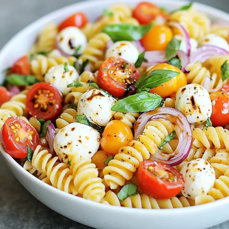 - 8 oz fusilli or rotini pasta - 1 pint cherry tomatoes, halved - 8 oz fresh mozzarella balls (bocconcini), halved - 1/4 cup fresh basil leaves, chopped - 1/4 cup red onion, finely diced - 1/4 cup black olives, sliced (optional) - 2 tablespoons balsamic vinegar - 3 tablespoons extra virgin olive oil - Salt and pepper to taste - 1 teaspoon Italian seasoning The key to a great Tomato Mozzarella Pasta Salad is using fresh ingredients. Start with 8 oz of fusilli or rotini pasta. This type of pasta holds the flavors well. I love using cherry tomatoes for their sweetness. Halving them releases their juicy goodness into the salad. Next, you need 8 oz of fresh mozzarella balls, known as bocconcini. Their creamy texture pairs perfectly with the tangy tomatoes. For a pop of color and flavor, add 1/4 cup of fresh basil leaves, chopped. I find that fresh basil adds a lovely aroma and taste. Don't forget the crunch! Use 1/4 cup of finely diced red onion. This gives the salad a nice bite. If you're a fan of olives, consider adding 1/4 cup of sliced black olives for extra flavor. Now, let's talk about the dressing. You will need 2 tablespoons of balsamic vinegar and 3 tablespoons of extra virgin olive oil. These ingredients give your salad a rich taste. Season it with salt and pepper to your liking. Lastly, add 1 teaspoon of Italian seasoning to enhance the flavors further. Gathering these ingredients will create a fresh and tasty delight that you will enjoy! {{ingredient_image_1}} - Start by cooking 8 oz of fusilli or rotini pasta. Follow the package instructions. - Cook until it is al dente. This means it should be firm when bitten. - Once done, drain the pasta and rinse it under cold water. This cools it quickly. - In a large bowl, combine 1 pint of halved cherry tomatoes, 8 oz of halved fresh mozzarella balls, 1/4 cup of chopped fresh basil, and 1/4 cup of finely diced red onion. - Next, add the cooled pasta to this mixture. Stir gently to mix everything well. - In a small bowl or jar, whisk together 2 tablespoons of balsamic vinegar, 3 tablespoons of extra virgin olive oil, 1 teaspoon of Italian seasoning, and salt and pepper to taste. - This dressing adds flavor and richness to your salad. - Pour the dressing over the salad and toss gently. Make sure each ingredient is well coated. - If you want, add 1/4 cup of sliced black olives. They bring a nice briny flavor. - Taste the salad and adjust the seasoning with more salt and pepper if needed. - Transfer the salad to the refrigerator. Let it chill for at least 30 minutes before serving. - Chilling helps the flavors blend together nicely, making each bite a delight. - Use al dente pasta for the best texture. This keeps your pasta firm and tasty. Overcooked pasta can turn mushy and ruin the dish. - Chill to enhance flavor melding. Letting your salad sit in the fridge helps the flavors mix together. Aim for at least 30 minutes. - Use fresh ingredients for the best taste. Fresh tomatoes, mozzarella, and basil make a world of difference. They bring bright flavors and lovely colors to your salad. - Substitute mozzarella with feta for a tangy twist. Feta adds a nice salty flavor that pairs well with the sweet tomatoes. - Garnish with fresh basil and a drizzle of balsamic reduction. This makes your salad look great and adds extra flavor. - Serve in a large bowl for easy sharing. A big bowl lets everyone scoop out their portion and enjoy together. Pro Tips Use Fresh Ingredients: Opt for the freshest cherry tomatoes and basil you can find to enhance the flavor of your salad. Chill for Flavor: Allow the pasta salad to chill in the refrigerator for at least 30 minutes. This helps the flavors meld beautifully. Customize Your Salad: Feel free to add other ingredients like grilled chicken, bell peppers, or artichoke hearts for extra flavor and texture. Perfect Pasta Cooking: Make sure to cook the pasta al dente to prevent it from becoming mushy when mixed with the dressing. {{image_2}} You can easily boost the protein in your Tomato Mozzarella Pasta Salad. Grilled chicken adds a hearty touch. Simply slice it and mix it in. Shrimp also works great. Just cook the shrimp until pink and toss them in. If you prefer a vegetarian option, add chickpeas. They are full of protein and add a nice texture. Just rinse a can of chickpeas and mix them into your salad. You will enjoy the extra flavor and nutrition. The dressing can change the whole vibe of your salad. Try a lemon vinaigrette for a fresh twist. Just mix lemon juice, olive oil, salt, and pepper. This brightens up the dish nicely. If you want something creamier, go for a creamy dressing. Ranch or a yogurt-based dressing adds a rich flavor. Just pour it over the salad and toss it well to coat all the ingredients. Make your salad even more exciting by adding seasonal vegetables. Bell peppers add color and crunch. Just chop them up and mix them in. Cucumbers also make a refreshing addition. Slice them thin and toss them in for extra crunch. For a different taste, use sun-dried tomatoes instead of fresh. They bring a sweet and tangy flavor that pairs well with mozzarella. To keep your Tomato Mozzarella Pasta Salad fresh, store it in an airtight container. This helps lock in flavors and moisture. If you plan to keep it for more than a day, I recommend storing the dressing separately. This way, your salad stays crisp and delicious. For the best taste, enjoy your pasta salad within 3-4 days. After that, the ingredients may lose their freshness. Keeping an eye on this ensures you get the best flavor with every bite. I don’t recommend freezing this salad. Freezing changes the pasta's texture, making it mushy when thawed. If you want to make it ahead, stick to the fridge for the best results. You can store Tomato Mozzarella Pasta Salad in the fridge for about 3 to 4 days. Use an airtight container to keep it fresh. Make sure to check for any signs of spoilage before eating. Yes, you can prepare this salad a day ahead. Just make sure to store it in the fridge. Adding the dressing right before serving helps keep the pasta from getting soggy. This way, the flavors will stay bright and fresh. If you want to switch out mozzarella, try using feta or goat cheese. Both add a nice creaminess. You can also use cheddar for a sharper taste. Each cheese will change the flavor but keep it delicious. To make this salad gluten-free, choose gluten-free pasta. Many brands offer good options made from rice or chickpeas. Just cook it like regular pasta, and you’ll have a tasty dish. Absolutely! You can add bell peppers, cucumbers, or even spinach. These veggies will add color and crunch. Feel free to mix and match what you have on hand for a fun twist. This pasta salad recipe combines fresh ingredients for a fantastic dish. You start with cooked fusilli or rotini, adding cherry tomatoes, mozzarella, and herbs. The balsamic dressing ties everything together. Remember to chill the salad for at least 30 minutes to enhance the flavor. You can also customize the dish with proteins or seasonal veggies. By following this guide, you'll create a tasty, shareable salad that's perfect for any occasion. Enjoy your delicious creation!