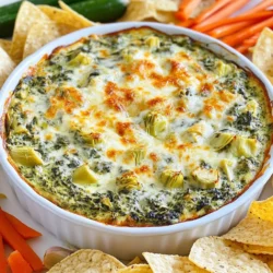 To make a tasty Cheesy Spinach Artichoke Dip, you need these main ingredients: - 1 cup frozen spinach, thawed and drained - 1 cup canned artichoke hearts, drained and chopped - 1 cup cream cheese, softened - 1 cup sour cream - 1 cup shredded mozzarella cheese - 1/2 cup grated Parmesan cheese - 1 teaspoon garlic powder - 1 teaspoon onion powder - Salt and pepper to taste These ingredients create a rich, creamy dip that everyone will love. Add a twist to your dip with these optional ingredients: - 1/2 teaspoon crushed red pepper for heat - 1/2 cup chopped fresh herbs like parsley or basil - 1 teaspoon lemon juice for a zesty kick These extras can enhance the flavor and make your dip unique. Serve your Cheesy Spinach Artichoke Dip with these tasty options: - Tortilla chips for a crunchy bite - Fresh vegetable sticks like carrots, celery, or bell peppers - Sliced baguette for a classic touch These accompaniments not only taste great but also add color to your dish. Enjoy sharing this dip at your next gathering! {{ingredient_image_1}} First, preheat your oven to 375°F (190°C). This helps the dip bake evenly. In a large mixing bowl, combine 1 cup of softened cream cheese and 1 cup of sour cream. Add 1 teaspoon of garlic powder to give it a nice flavor. Use a hand mixer or a spatula to blend until the mix is smooth. This is your creamy base. Next, add 1 cup of thawed and drained spinach and 1 cup of drained and chopped artichoke hearts. These give the dip its fresh taste. Now, mix in 1 cup of shredded mozzarella cheese and 1/2 cup of grated Parmesan cheese. These cheeses make it cheesy and delicious. Season the mix with 1 teaspoon of onion powder, salt, and pepper to taste. Make sure everything is mixed well. Transfer the dip mixture into an oven-safe dish. Spread it out evenly for the best bake. Place it in your preheated oven and bake for 25-30 minutes. You want the top to be golden and bubbly. After baking, remove it from the oven and let it cool for a few minutes. This dip is best served warm. For a nice touch, sprinkle some extra Parmesan or fresh parsley on top. Enjoy it with tortilla chips or fresh veggie sticks! To amp up the cheesy goodness, add more mozzarella cheese. Try using a mix of cheeses like cheddar or pepper jack. This mix gives your dip a fun twist. You can even fold in some cream cheese for a richer taste. Remember to save some cheese for the top. This will make it golden and crunchy. For more flavor, add chopped green onions or fresh herbs. Basil or parsley can add a bright taste. You can also include a splash of hot sauce. This gives a nice kick without overpowering the dip. Try different spices, too. Smoked paprika or Italian seasoning works well. Adjust the garlic and onion powder for a stronger punch. One mistake is not draining the spinach and artichokes well. Too much moisture can make the dip watery. Another common error is under-seasoning. Always taste and adjust the salt and pepper. Don’t forget to mix the ingredients thoroughly. This helps every bite taste great. Lastly, avoid overbaking. Keep an eye on the dip. It should be bubbly and light brown, not burnt. Pro Tips Tip Title 1: To enhance the flavor, consider adding a splash of Worcestershire sauce or hot sauce to the dip for a little extra kick. Tip Title 2: For a creamier texture, you can blend the ingredients in a food processor rather than mixing by hand. Tip Title 3: If you want to make it ahead of time, prepare the dip and store it in the refrigerator. Just bake it before serving. Tip Title 4: Experiment with different cheeses! Adding some cheddar or pepper jack can give a unique twist to the traditional flavor. {{image_2}} To add some heat to your dip, use jalapeños or red pepper flakes. Start with one diced jalapeño mixed in. Adjust based on your spice level. You can also add a splash of hot sauce to the cream cheese mix. This will give your dip a nice kick. The spicy flavor pairs well with the creamy cheese. It makes each bite exciting and bold! You can make a vegan version of this dip. Swap cream cheese with vegan cream cheese. Use plant-based sour cream for a creamy texture. Replace mozzarella and Parmesan with vegan cheese alternatives. Nutritional yeast can add cheesy flavor without dairy. This version keeps all the rich flavors while being plant-based. It's perfect for gatherings with vegan guests! Experimenting with cheese can change the dip's taste. Try using sharp cheddar for a tangy flavor. Gouda or fontina can give it a smoky twist. You can even mix different cheeses to find your favorite blend. Just keep the total amount of cheese the same. This way, you maintain the right consistency and flavor. Each cheese brings its unique taste, making the dip fun to create! To keep your cheesy spinach artichoke dip fresh, store it in an airtight container. Make sure to cool the dip to room temperature first. Then, seal it tightly and place it in the fridge. This dip will stay good for about three to four days. Always check for any change in smell or texture before you eat leftovers. When you are ready to enjoy your leftovers, reheating is easy. Preheat your oven to 350°F (175°C). Place the dip in an oven-safe dish. Cover it with foil to keep it moist. Bake for about 15-20 minutes or until it is warm throughout. You can also microwave it. Start with 30 seconds, stir, and check for warmth. Repeat until it reaches your desired temperature. If you want to save some dip for later, freezing is a great option. Pour the cooled dip into a freezer-safe container. Leave some space at the top for expansion. Seal it well and label it with the date. You can freeze it for up to three months. To use it again, thaw the dip in the fridge overnight. Reheat it as described above for a tasty treat anytime! Yes, you can use fresh spinach. Just chop it into small pieces. Cook it in a pan until it wilts. This usually takes about 3-5 minutes. Make sure to drain it well. You want to remove extra water. Too much moisture will make the dip runny. Fresh spinach adds a nice flavor and color. You can serve this dip with tortilla chips or fresh vegetable sticks. Carrots, celery, and bell peppers work great. They add crunch and freshness. You can also use pita bread or crackers. For a fun twist, try serving it with toasted baguette slices. The options are endless! The dip lasts about 3-4 days in the fridge. Make sure to store it in an airtight container. This keeps it fresh and tasty. Before eating it again, check for any off smell or change in texture. If it looks good, just reheat it in the oven or microwave. Enjoy your dip! In this blog post, we explored how to make a tasty Cheesy Spinach Artichoke Dip. We discussed key ingredients, step-by-step preparation, and helpful tips. You learned about variations and storage options too. Remember to mix in your favorite flavors for a unique twist. Don’t skip reheating instructions to keep your dip fresh. I hope this guide makes your next gathering a hit! Enjoy sharing this dip with friends and family.