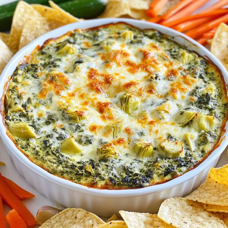 To make a tasty Cheesy Spinach Artichoke Dip, you need these main ingredients: - 1 cup frozen spinach, thawed and drained - 1 cup canned artichoke hearts, drained and chopped - 1 cup cream cheese, softened - 1 cup sour cream - 1 cup shredded mozzarella cheese - 1/2 cup grated Parmesan cheese - 1 teaspoon garlic powder - 1 teaspoon onion powder - Salt and pepper to taste These ingredients create a rich, creamy dip that everyone will love. Add a twist to your dip with these optional ingredients: - 1/2 teaspoon crushed red pepper for heat - 1/2 cup chopped fresh herbs like parsley or basil - 1 teaspoon lemon juice for a zesty kick These extras can enhance the flavor and make your dip unique. Serve your Cheesy Spinach Artichoke Dip with these tasty options: - Tortilla chips for a crunchy bite - Fresh vegetable sticks like carrots, celery, or bell peppers - Sliced baguette for a classic touch These accompaniments not only taste great but also add color to your dish. Enjoy sharing this dip at your next gathering! {{ingredient_image_1}} First, preheat your oven to 375°F (190°C). This helps the dip bake evenly. In a large mixing bowl, combine 1 cup of softened cream cheese and 1 cup of sour cream. Add 1 teaspoon of garlic powder to give it a nice flavor. Use a hand mixer or a spatula to blend until the mix is smooth. This is your creamy base. Next, add 1 cup of thawed and drained spinach and 1 cup of drained and chopped artichoke hearts. These give the dip its fresh taste. Now, mix in 1 cup of shredded mozzarella cheese and 1/2 cup of grated Parmesan cheese. These cheeses make it cheesy and delicious. Season the mix with 1 teaspoon of onion powder, salt, and pepper to taste. Make sure everything is mixed well. Transfer the dip mixture into an oven-safe dish. Spread it out evenly for the best bake. Place it in your preheated oven and bake for 25-30 minutes. You want the top to be golden and bubbly. After baking, remove it from the oven and let it cool for a few minutes. This dip is best served warm. For a nice touch, sprinkle some extra Parmesan or fresh parsley on top. Enjoy it with tortilla chips or fresh veggie sticks! To amp up the cheesy goodness, add more mozzarella cheese. Try using a mix of cheeses like cheddar or pepper jack. This mix gives your dip a fun twist. You can even fold in some cream cheese for a richer taste. Remember to save some cheese for the top. This will make it golden and crunchy. For more flavor, add chopped green onions or fresh herbs. Basil or parsley can add a bright taste. You can also include a splash of hot sauce. This gives a nice kick without overpowering the dip. Try different spices, too. Smoked paprika or Italian seasoning works well. Adjust the garlic and onion powder for a stronger punch. One mistake is not draining the spinach and artichokes well. Too much moisture can make the dip watery. Another common error is under-seasoning. Always taste and adjust the salt and pepper. Don’t forget to mix the ingredients thoroughly. This helps every bite taste great. Lastly, avoid overbaking. Keep an eye on the dip. It should be bubbly and light brown, not burnt. Pro Tips Tip Title 1: To enhance the flavor, consider adding a splash of Worcestershire sauce or hot sauce to the dip for a little extra kick. Tip Title 2: For a creamier texture, you can blend the ingredients in a food processor rather than mixing by hand. Tip Title 3: If you want to make it ahead of time, prepare the dip and store it in the refrigerator. Just bake it before serving. Tip Title 4: Experiment with different cheeses! Adding some cheddar or pepper jack can give a unique twist to the traditional flavor. {{image_2}} To add some heat to your dip, use jalapeños or red pepper flakes. Start with one diced jalapeño mixed in. Adjust based on your spice level. You can also add a splash of hot sauce to the cream cheese mix. This will give your dip a nice kick. The spicy flavor pairs well with the creamy cheese. It makes each bite exciting and bold! You can make a vegan version of this dip. Swap cream cheese with vegan cream cheese. Use plant-based sour cream for a creamy texture. Replace mozzarella and Parmesan with vegan cheese alternatives. Nutritional yeast can add cheesy flavor without dairy. This version keeps all the rich flavors while being plant-based. It's perfect for gatherings with vegan guests! Experimenting with cheese can change the dip's taste. Try using sharp cheddar for a tangy flavor. Gouda or fontina can give it a smoky twist. You can even mix different cheeses to find your favorite blend. Just keep the total amount of cheese the same. This way, you maintain the right consistency and flavor. Each cheese brings its unique taste, making the dip fun to create! To keep your cheesy spinach artichoke dip fresh, store it in an airtight container. Make sure to cool the dip to room temperature first. Then, seal it tightly and place it in the fridge. This dip will stay good for about three to four days. Always check for any change in smell or texture before you eat leftovers. When you are ready to enjoy your leftovers, reheating is easy. Preheat your oven to 350°F (175°C). Place the dip in an oven-safe dish. Cover it with foil to keep it moist. Bake for about 15-20 minutes or until it is warm throughout. You can also microwave it. Start with 30 seconds, stir, and check for warmth. Repeat until it reaches your desired temperature. If you want to save some dip for later, freezing is a great option. Pour the cooled dip into a freezer-safe container. Leave some space at the top for expansion. Seal it well and label it with the date. You can freeze it for up to three months. To use it again, thaw the dip in the fridge overnight. Reheat it as described above for a tasty treat anytime! Yes, you can use fresh spinach. Just chop it into small pieces. Cook it in a pan until it wilts. This usually takes about 3-5 minutes. Make sure to drain it well. You want to remove extra water. Too much moisture will make the dip runny. Fresh spinach adds a nice flavor and color. You can serve this dip with tortilla chips or fresh vegetable sticks. Carrots, celery, and bell peppers work great. They add crunch and freshness. You can also use pita bread or crackers. For a fun twist, try serving it with toasted baguette slices. The options are endless! The dip lasts about 3-4 days in the fridge. Make sure to store it in an airtight container. This keeps it fresh and tasty. Before eating it again, check for any off smell or change in texture. If it looks good, just reheat it in the oven or microwave. Enjoy your dip! In this blog post, we explored how to make a tasty Cheesy Spinach Artichoke Dip. We discussed key ingredients, step-by-step preparation, and helpful tips. You learned about variations and storage options too. Remember to mix in your favorite flavors for a unique twist. Don’t skip reheating instructions to keep your dip fresh. I hope this guide makes your next gathering a hit! Enjoy sharing this dip with friends and family.