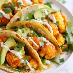 For these tasty tacos, gather these main ingredients: - 1 medium head of cauliflower, cut into florets - 1 cup all-purpose flour - 1 cup almond milk (or any plant-based milk) - 1 teaspoon garlic powder - 1 teaspoon onion powder - 1 teaspoon smoked paprika - Salt and black pepper, to taste - 1 cup buffalo sauce (check for vegan options) - 8 small corn tortillas These ingredients create a solid base for your tacos. The cauliflower becomes crispy, and the buffalo sauce adds a nice kick. You will also need some pantry staples: - Garlic powder - Onion powder - Smoked paprika - Salt - Black pepper These spices enhance the flavor of the cauliflower. They make your tacos more exciting and delicious. Feel free to get creative! Consider these optional toppings: - 1 cup shredded lettuce - 1 ripe avocado, sliced - 1/2 cup vegan ranch dressing - Fresh cilantro, for garnish These toppings add freshness and creaminess. They balance the spicy buffalo sauce and make your tacos look great. Enjoy mixing and matching! {{ingredient_image_1}} Start by washing and cutting your cauliflower into small florets. Each floret should be about the size of a bite. This helps them cook evenly. Next, preheat your oven to 450°F (230°C). Line a baking sheet with parchment paper. This will help with easy cleanup and prevent sticking. In a large bowl, mix the flour, garlic powder, onion powder, smoked paprika, salt, and pepper. Use a whisk to combine everything well. Gradually pour in the almond milk while stirring. Keep mixing until you have a smooth batter. The batter should be thick enough to coat the cauliflower without dripping too much. Dip each cauliflower floret into the batter. Allow any extra batter to drip off before placing it on the baking sheet. Make sure to space them out. This helps them crisp up nicely. Bake the cauliflower for 20-25 minutes. Flip them halfway through to cook both sides evenly. They should turn golden brown and crispy. After that, take them out and toss the cauliflower in buffalo sauce. Make sure every piece is coated well. Put the coated cauliflower back in the oven for another 10 minutes. This helps the sauce stick better. While the cauliflower bakes, warm your corn tortillas in a skillet for about one minute on each side. This makes them soft and easy to fold. Now, you’re ready to assemble your tacos! Place a generous amount of buffalo cauliflower in each tortilla. Top with shredded lettuce, avocado slices, and a drizzle of vegan ranch dressing. Don’t forget to garnish with fresh cilantro for that extra touch! To get your cauliflower nice and crispy, follow these steps: - Use fresh cauliflower. Look for firm florets without brown spots. - Space them out. When you place the cauliflower on the baking sheet, leave space. This helps hot air circulate. - Flip halfway. Turn the florets over during baking. This ensures even crispiness on both sides. - Bake at high heat. Set your oven to 450°F (230°C). High heat makes everything crispy. Baking them twice adds extra crunch, so don't skip that second round after adding buffalo sauce. Assembling your tacos can be fun! Here’s how I do it: - Warm the tortillas. Heat them in a skillet for about a minute on each side. This makes them soft and easy to fold. - Layer wisely. Start with a generous scoop of buffalo cauliflower. Then, add shredded lettuce and avocado slices. - Drizzle the dressing. A little vegan ranch goes a long way. It adds creaminess and balances the heat. - Garnish with herbs. Fresh cilantro on top adds flavor and a pop of color. Make sure to hold the taco gently to avoid spills. Vegan ranch dressing is a great match for these tacos. Here are some tips: - Store-bought is fine. You can grab a bottle from the store. Just check it’s dairy-free. - Make it fresh. Mix cashews, lemon juice, garlic, and herbs for a homemade touch. - Add heat. If you like spice, mix in a little hot sauce for extra kick. - Serve on the side. Pour extra dressing in a small bowl. This way, everyone can add their own. A good dressing can elevate the flavors and make every bite delightful! Pro Tips Choosing Cauliflower: Opt for a fresh, firm head of cauliflower with tightly packed florets for the best texture and flavor. Perfecting the Batter: Ensure your batter is smooth and free of lumps for an even coating on the cauliflower florets. Adjusting Spice Levels: Feel free to adjust the amount of buffalo sauce based on your heat preference; add more for extra kick! Serving Suggestions: Serve with additional vegan ranch on the side for dipping, or add sliced jalapeños for extra heat. {{image_2}} You can switch up the batter to suit your taste. Try using chickpea flour instead of all-purpose flour. It adds a nice flavor and a boost of protein. If you want a gluten-free option, this is a great choice. You could also mix in some nutritional yeast for a cheesy flavor. This gives the batter a fun twist. For a spicy kick, add cayenne pepper or chili powder. Just a pinch can make a big difference. Corn tortillas are my go-to for these tacos. They have a great texture and taste. However, you can also use flour tortillas if you prefer. They are softer and can hold more filling. For a fun twist, try using lettuce leaves for a low-carb option. This adds crunch and freshness to your tacos. You could even use whole-wheat tortillas for more fiber. Buffalo sauce is classic, but don’t stop there! You can try BBQ sauce for a sweeter flavor. A spicy chipotle sauce gives a smoky twist that pairs well with the cauliflower. For a cooling effect, use a tahini sauce or a creamy avocado sauce. These will balance the heat from the buffalo sauce. Feel free to mix different sauces to find your favorite flavor combo! To store leftover tacos, place them in an airtight container. Keep the tacos in the fridge for up to three days. Make sure to separate the filling from the tortillas. This way, the tortillas stay fresh and don’t get soggy. When you are ready to enjoy your tacos again, take the filling out of the fridge. Heat it in a skillet over medium heat for about five minutes. Stir it often until it’s hot. Warm the tortillas in the skillet for about one minute on each side. Then, reassemble your tacos and enjoy! You can freeze the buffalo cauliflower, but it's best to freeze it cooked. Let the cauliflower cool completely before freezing it. Spread the cauliflower on a baking sheet and freeze it for about an hour. Then, transfer it to a freezer bag. It will keep well for up to three months. When ready to use, thaw it overnight in the fridge and reheat. Yes, you can make this recipe gluten-free! To do this, swap the all-purpose flour with a gluten-free flour blend. You can also use chickpea flour or almond flour. Both work well and add a nice flavor. Always check the labels on your ingredients to ensure they are gluten-free. These tacos taste great with a few sides. Here are some ideas: - Black beans: They add protein and fiber. - Rice: A simple side that fills you up. - Corn salad: Fresh and crunchy, it pairs well. - Chips and salsa: A fun snack to enjoy before or after. You can easily change the spice level in this recipe. To make it milder, use less buffalo sauce or choose a mild version. You can also mix in some vegan ranch dressing directly into the sauce. For more heat, add extra buffalo sauce or sprinkle some chili powder on top. In this post, we explored how to make Vegan Buffalo Cauliflower Tacos. We discussed the main ingredients and pantry essentials needed to make them tasty. I provided step-by-step instructions and tips for crispiness. You learned about storage options and variations for the recipe. These tacos can be a fun, spicy meal for anyone. Enjoy creating your own tasty versions!