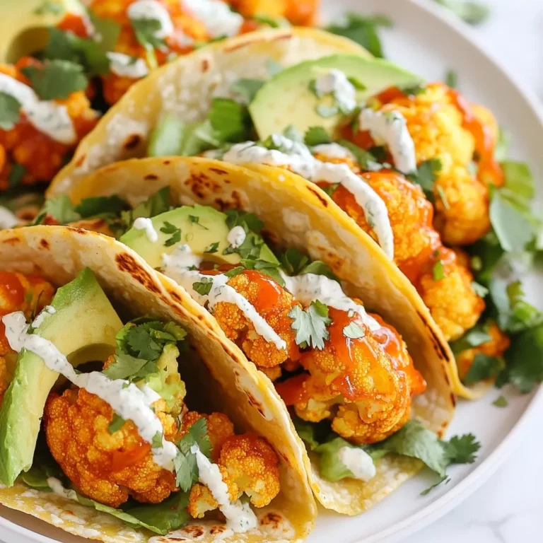 For these tasty tacos, gather these main ingredients: - 1 medium head of cauliflower, cut into florets - 1 cup all-purpose flour - 1 cup almond milk (or any plant-based milk) - 1 teaspoon garlic powder - 1 teaspoon onion powder - 1 teaspoon smoked paprika - Salt and black pepper, to taste - 1 cup buffalo sauce (check for vegan options) - 8 small corn tortillas These ingredients create a solid base for your tacos. The cauliflower becomes crispy, and the buffalo sauce adds a nice kick. You will also need some pantry staples: - Garlic powder - Onion powder - Smoked paprika - Salt - Black pepper These spices enhance the flavor of the cauliflower. They make your tacos more exciting and delicious. Feel free to get creative! Consider these optional toppings: - 1 cup shredded lettuce - 1 ripe avocado, sliced - 1/2 cup vegan ranch dressing - Fresh cilantro, for garnish These toppings add freshness and creaminess. They balance the spicy buffalo sauce and make your tacos look great. Enjoy mixing and matching! {{ingredient_image_1}} Start by washing and cutting your cauliflower into small florets. Each floret should be about the size of a bite. This helps them cook evenly. Next, preheat your oven to 450°F (230°C). Line a baking sheet with parchment paper. This will help with easy cleanup and prevent sticking. In a large bowl, mix the flour, garlic powder, onion powder, smoked paprika, salt, and pepper. Use a whisk to combine everything well. Gradually pour in the almond milk while stirring. Keep mixing until you have a smooth batter. The batter should be thick enough to coat the cauliflower without dripping too much. Dip each cauliflower floret into the batter. Allow any extra batter to drip off before placing it on the baking sheet. Make sure to space them out. This helps them crisp up nicely. Bake the cauliflower for 20-25 minutes. Flip them halfway through to cook both sides evenly. They should turn golden brown and crispy. After that, take them out and toss the cauliflower in buffalo sauce. Make sure every piece is coated well. Put the coated cauliflower back in the oven for another 10 minutes. This helps the sauce stick better. While the cauliflower bakes, warm your corn tortillas in a skillet for about one minute on each side. This makes them soft and easy to fold. Now, you’re ready to assemble your tacos! Place a generous amount of buffalo cauliflower in each tortilla. Top with shredded lettuce, avocado slices, and a drizzle of vegan ranch dressing. Don’t forget to garnish with fresh cilantro for that extra touch! To get your cauliflower nice and crispy, follow these steps: - Use fresh cauliflower. Look for firm florets without brown spots. - Space them out. When you place the cauliflower on the baking sheet, leave space. This helps hot air circulate. - Flip halfway. Turn the florets over during baking. This ensures even crispiness on both sides. - Bake at high heat. Set your oven to 450°F (230°C). High heat makes everything crispy. Baking them twice adds extra crunch, so don't skip that second round after adding buffalo sauce. Assembling your tacos can be fun! Here’s how I do it: - Warm the tortillas. Heat them in a skillet for about a minute on each side. This makes them soft and easy to fold. - Layer wisely. Start with a generous scoop of buffalo cauliflower. Then, add shredded lettuce and avocado slices. - Drizzle the dressing. A little vegan ranch goes a long way. It adds creaminess and balances the heat. - Garnish with herbs. Fresh cilantro on top adds flavor and a pop of color. Make sure to hold the taco gently to avoid spills. Vegan ranch dressing is a great match for these tacos. Here are some tips: - Store-bought is fine. You can grab a bottle from the store. Just check it’s dairy-free. - Make it fresh. Mix cashews, lemon juice, garlic, and herbs for a homemade touch. - Add heat. If you like spice, mix in a little hot sauce for extra kick. - Serve on the side. Pour extra dressing in a small bowl. This way, everyone can add their own. A good dressing can elevate the flavors and make every bite delightful! Pro Tips Choosing Cauliflower: Opt for a fresh, firm head of cauliflower with tightly packed florets for the best texture and flavor. Perfecting the Batter: Ensure your batter is smooth and free of lumps for an even coating on the cauliflower florets. Adjusting Spice Levels: Feel free to adjust the amount of buffalo sauce based on your heat preference; add more for extra kick! Serving Suggestions: Serve with additional vegan ranch on the side for dipping, or add sliced jalapeños for extra heat. {{image_2}} You can switch up the batter to suit your taste. Try using chickpea flour instead of all-purpose flour. It adds a nice flavor and a boost of protein. If you want a gluten-free option, this is a great choice. You could also mix in some nutritional yeast for a cheesy flavor. This gives the batter a fun twist. For a spicy kick, add cayenne pepper or chili powder. Just a pinch can make a big difference. Corn tortillas are my go-to for these tacos. They have a great texture and taste. However, you can also use flour tortillas if you prefer. They are softer and can hold more filling. For a fun twist, try using lettuce leaves for a low-carb option. This adds crunch and freshness to your tacos. You could even use whole-wheat tortillas for more fiber. Buffalo sauce is classic, but don’t stop there! You can try BBQ sauce for a sweeter flavor. A spicy chipotle sauce gives a smoky twist that pairs well with the cauliflower. For a cooling effect, use a tahini sauce or a creamy avocado sauce. These will balance the heat from the buffalo sauce. Feel free to mix different sauces to find your favorite flavor combo! To store leftover tacos, place them in an airtight container. Keep the tacos in the fridge for up to three days. Make sure to separate the filling from the tortillas. This way, the tortillas stay fresh and don’t get soggy. When you are ready to enjoy your tacos again, take the filling out of the fridge. Heat it in a skillet over medium heat for about five minutes. Stir it often until it’s hot. Warm the tortillas in the skillet for about one minute on each side. Then, reassemble your tacos and enjoy! You can freeze the buffalo cauliflower, but it's best to freeze it cooked. Let the cauliflower cool completely before freezing it. Spread the cauliflower on a baking sheet and freeze it for about an hour. Then, transfer it to a freezer bag. It will keep well for up to three months. When ready to use, thaw it overnight in the fridge and reheat. Yes, you can make this recipe gluten-free! To do this, swap the all-purpose flour with a gluten-free flour blend. You can also use chickpea flour or almond flour. Both work well and add a nice flavor. Always check the labels on your ingredients to ensure they are gluten-free. These tacos taste great with a few sides. Here are some ideas: - Black beans: They add protein and fiber. - Rice: A simple side that fills you up. - Corn salad: Fresh and crunchy, it pairs well. - Chips and salsa: A fun snack to enjoy before or after. You can easily change the spice level in this recipe. To make it milder, use less buffalo sauce or choose a mild version. You can also mix in some vegan ranch dressing directly into the sauce. For more heat, add extra buffalo sauce or sprinkle some chili powder on top. In this post, we explored how to make Vegan Buffalo Cauliflower Tacos. We discussed the main ingredients and pantry essentials needed to make them tasty. I provided step-by-step instructions and tips for crispiness. You learned about storage options and variations for the recipe. These tacos can be a fun, spicy meal for anyone. Enjoy creating your own tasty versions!