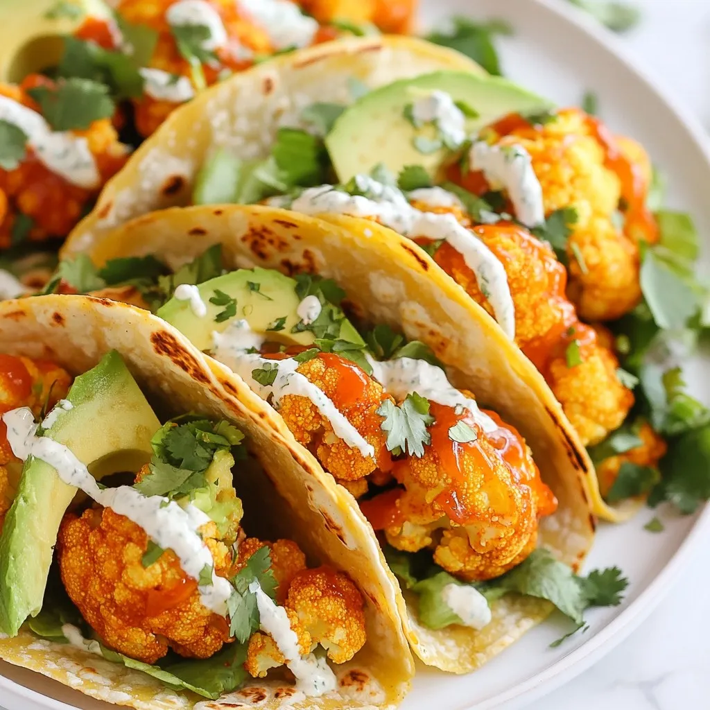 For these tasty tacos, gather these main ingredients: - 1 medium head of cauliflower, cut into florets - 1 cup all-purpose flour - 1 cup almond milk (or any plant-based milk) - 1 teaspoon garlic powder - 1 teaspoon onion powder - 1 teaspoon smoked paprika - Salt and black pepper, to taste - 1 cup buffalo sauce (check for vegan options) - 8 small corn tortillas These ingredients create a solid base for your tacos. The cauliflower becomes crispy, and the buffalo sauce adds a nice kick. You will also need some pantry staples: - Garlic powder - Onion powder - Smoked paprika - Salt - Black pepper These spices enhance the flavor of the cauliflower. They make your tacos more exciting and delicious. Feel free to get creative! Consider these optional toppings: - 1 cup shredded lettuce - 1 ripe avocado, sliced - 1/2 cup vegan ranch dressing - Fresh cilantro, for garnish These toppings add freshness and creaminess. They balance the spicy buffalo sauce and make your tacos look great. Enjoy mixing and matching! {{ingredient_image_1}} Start by washing and cutting your cauliflower into small florets. Each floret should be about the size of a bite. This helps them cook evenly. Next, preheat your oven to 450°F (230°C). Line a baking sheet with parchment paper. This will help with easy cleanup and prevent sticking. In a large bowl, mix the flour, garlic powder, onion powder, smoked paprika, salt, and pepper. Use a whisk to combine everything well. Gradually pour in the almond milk while stirring. Keep mixing until you have a smooth batter. The batter should be thick enough to coat the cauliflower without dripping too much. Dip each cauliflower floret into the batter. Allow any extra batter to drip off before placing it on the baking sheet. Make sure to space them out. This helps them crisp up nicely. Bake the cauliflower for 20-25 minutes. Flip them halfway through to cook both sides evenly. They should turn golden brown and crispy. After that, take them out and toss the cauliflower in buffalo sauce. Make sure every piece is coated well. Put the coated cauliflower back in the oven for another 10 minutes. This helps the sauce stick better. While the cauliflower bakes, warm your corn tortillas in a skillet for about one minute on each side. This makes them soft and easy to fold. Now, you’re ready to assemble your tacos! Place a generous amount of buffalo cauliflower in each tortilla. Top with shredded lettuce, avocado slices, and a drizzle of vegan ranch dressing. Don’t forget to garnish with fresh cilantro for that extra touch! To get your cauliflower nice and crispy, follow these steps: - Use fresh cauliflower. Look for firm florets without brown spots. - Space them out. When you place the cauliflower on the baking sheet, leave space. This helps hot air circulate. - Flip halfway. Turn the florets over during baking. This ensures even crispiness on both sides. - Bake at high heat. Set your oven to 450°F (230°C). High heat makes everything crispy. Baking them twice adds extra crunch, so don't skip that second round after adding buffalo sauce. Assembling your tacos can be fun! Here’s how I do it: - Warm the tortillas. Heat them in a skillet for about a minute on each side. This makes them soft and easy to fold. - Layer wisely. Start with a generous scoop of buffalo cauliflower. Then, add shredded lettuce and avocado slices. - Drizzle the dressing. A little vegan ranch goes a long way. It adds creaminess and balances the heat. - Garnish with herbs. Fresh cilantro on top adds flavor and a pop of color. Make sure to hold the taco gently to avoid spills. Vegan ranch dressing is a great match for these tacos. Here are some tips: - Store-bought is fine. You can grab a bottle from the store. Just check it’s dairy-free. - Make it fresh. Mix cashews, lemon juice, garlic, and herbs for a homemade touch. - Add heat. If you like spice, mix in a little hot sauce for extra kick. - Serve on the side. Pour extra dressing in a small bowl. This way, everyone can add their own. A good dressing can elevate the flavors and make every bite delightful! Pro Tips Choosing Cauliflower: Opt for a fresh, firm head of cauliflower with tightly packed florets for the best texture and flavor. Perfecting the Batter: Ensure your batter is smooth and free of lumps for an even coating on the cauliflower florets. Adjusting Spice Levels: Feel free to adjust the amount of buffalo sauce based on your heat preference; add more for extra kick! Serving Suggestions: Serve with additional vegan ranch on the side for dipping, or add sliced jalapeños for extra heat. {{image_2}} You can switch up the batter to suit your taste. Try using chickpea flour instead of all-purpose flour. It adds a nice flavor and a boost of protein. If you want a gluten-free option, this is a great choice. You could also mix in some nutritional yeast for a cheesy flavor. This gives the batter a fun twist. For a spicy kick, add cayenne pepper or chili powder. Just a pinch can make a big difference. Corn tortillas are my go-to for these tacos. They have a great texture and taste. However, you can also use flour tortillas if you prefer. They are softer and can hold more filling. For a fun twist, try using lettuce leaves for a low-carb option. This adds crunch and freshness to your tacos. You could even use whole-wheat tortillas for more fiber. Buffalo sauce is classic, but don’t stop there! You can try BBQ sauce for a sweeter flavor. A spicy chipotle sauce gives a smoky twist that pairs well with the cauliflower. For a cooling effect, use a tahini sauce or a creamy avocado sauce. These will balance the heat from the buffalo sauce. Feel free to mix different sauces to find your favorite flavor combo! To store leftover tacos, place them in an airtight container. Keep the tacos in the fridge for up to three days. Make sure to separate the filling from the tortillas. This way, the tortillas stay fresh and don’t get soggy. When you are ready to enjoy your tacos again, take the filling out of the fridge. Heat it in a skillet over medium heat for about five minutes. Stir it often until it’s hot. Warm the tortillas in the skillet for about one minute on each side. Then, reassemble your tacos and enjoy! You can freeze the buffalo cauliflower, but it's best to freeze it cooked. Let the cauliflower cool completely before freezing it. Spread the cauliflower on a baking sheet and freeze it for about an hour. Then, transfer it to a freezer bag. It will keep well for up to three months. When ready to use, thaw it overnight in the fridge and reheat. Yes, you can make this recipe gluten-free! To do this, swap the all-purpose flour with a gluten-free flour blend. You can also use chickpea flour or almond flour. Both work well and add a nice flavor. Always check the labels on your ingredients to ensure they are gluten-free. These tacos taste great with a few sides. Here are some ideas: - Black beans: They add protein and fiber. - Rice: A simple side that fills you up. - Corn salad: Fresh and crunchy, it pairs well. - Chips and salsa: A fun snack to enjoy before or after. You can easily change the spice level in this recipe. To make it milder, use less buffalo sauce or choose a mild version. You can also mix in some vegan ranch dressing directly into the sauce. For more heat, add extra buffalo sauce or sprinkle some chili powder on top. In this post, we explored how to make Vegan Buffalo Cauliflower Tacos. We discussed the main ingredients and pantry essentials needed to make them tasty. I provided step-by-step instructions and tips for crispiness. You learned about storage options and variations for the recipe. These tacos can be a fun, spicy meal for anyone. Enjoy creating your own tasty versions!